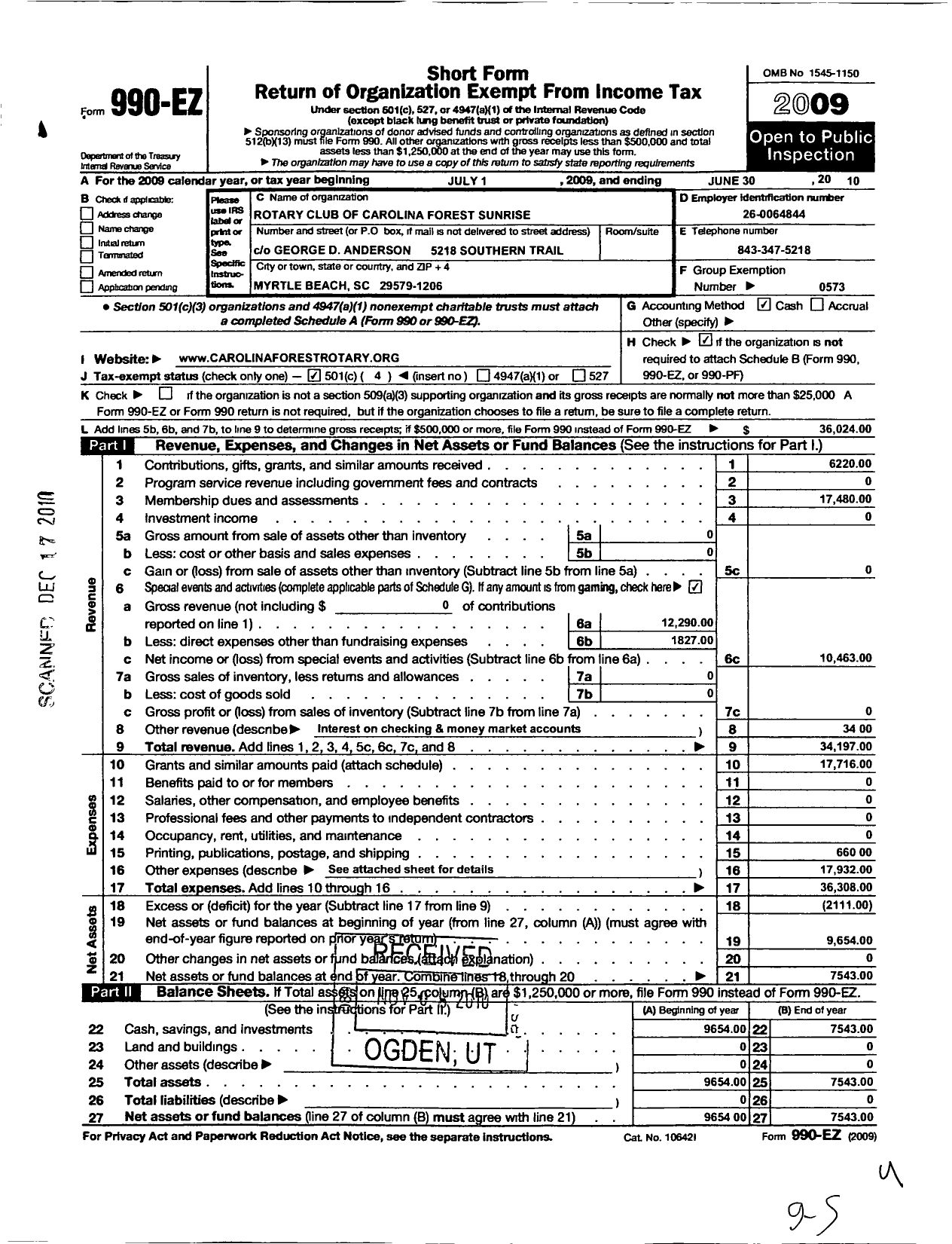 Image of first page of 2009 Form 990EO for Rotary International - Carolina Forest Sunrise Club