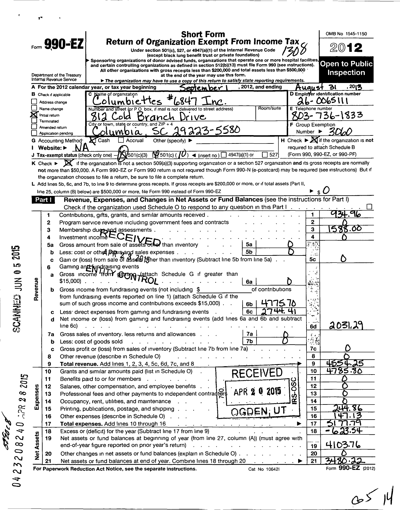 Image of first page of 2012 Form 990EO for Columbiettes - 6847 Martin C Murphy