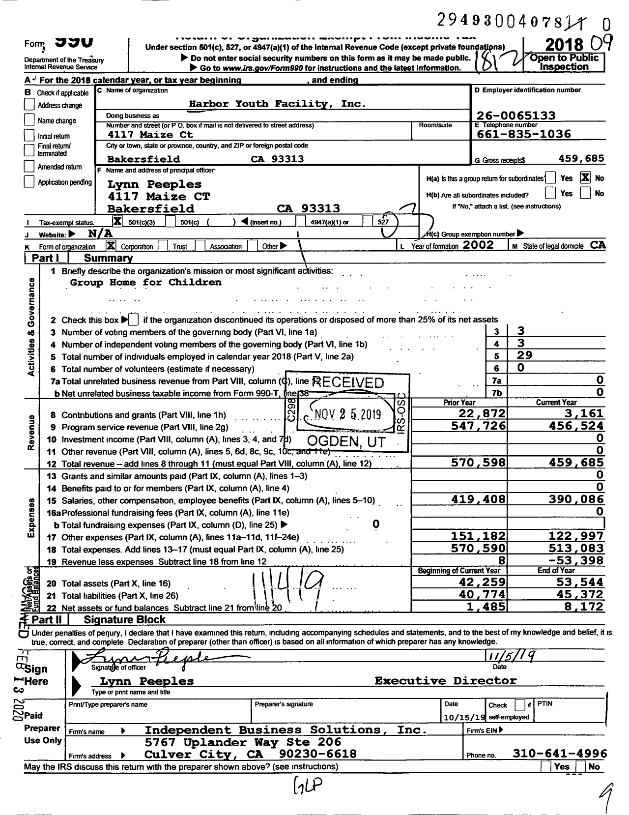 Image of first page of 2018 Form 990 for Harbor Youth Facility