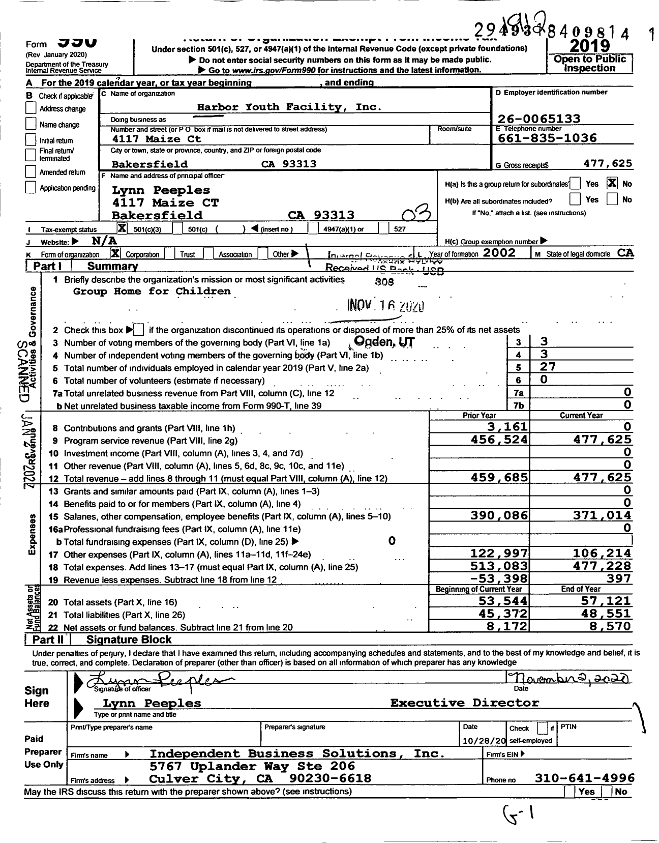 Image of first page of 2019 Form 990 for Harbor Youth Facility