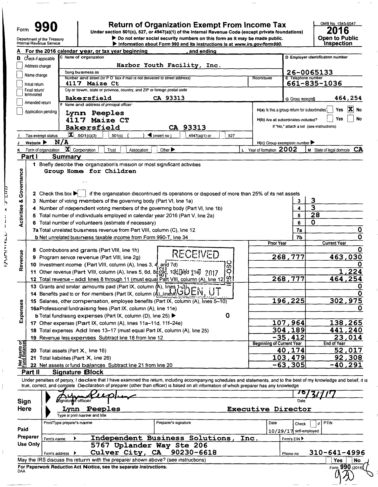 Image of first page of 2016 Form 990 for Harbor Youth Facility
