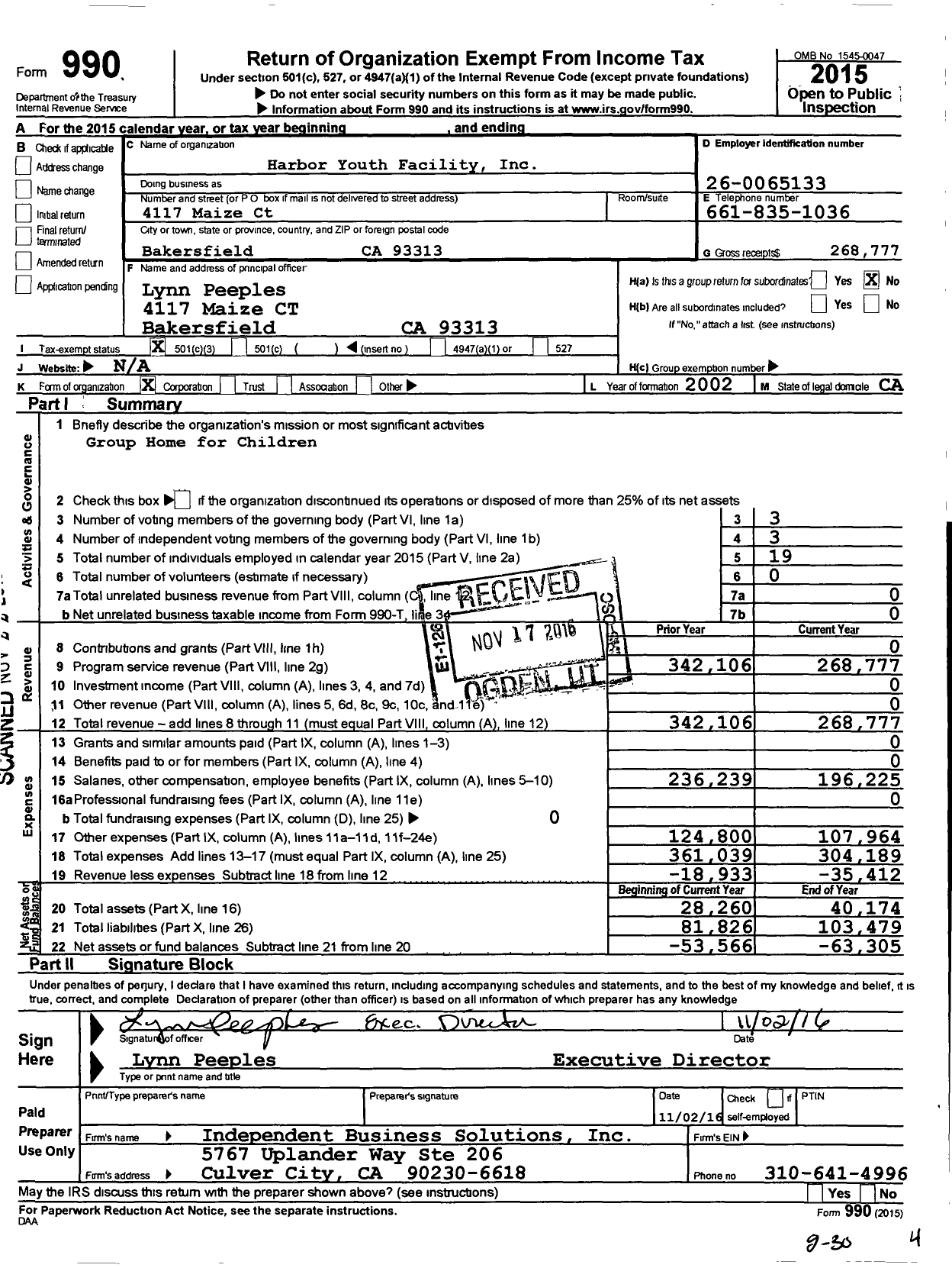 Image of first page of 2015 Form 990 for Harbor Youth Facility