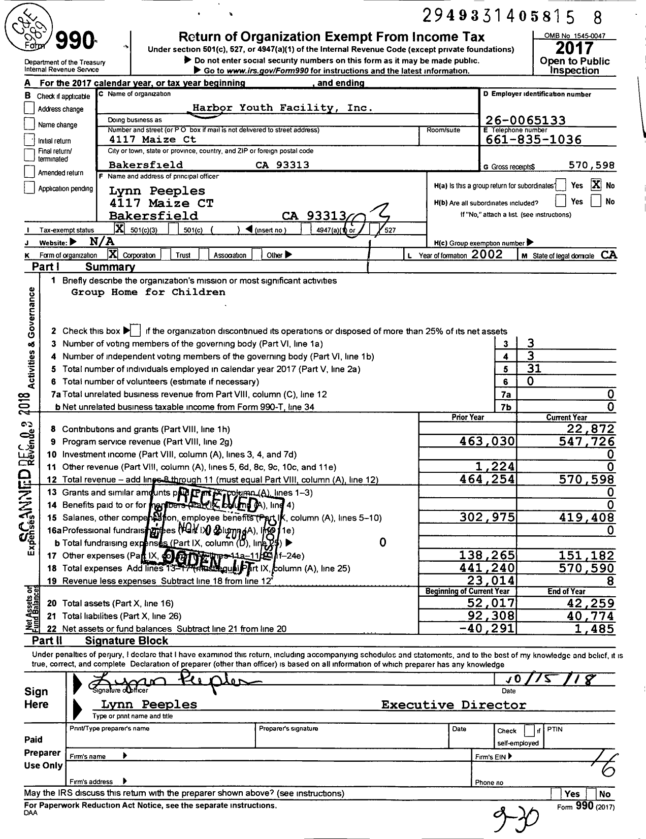 Image of first page of 2017 Form 990 for Harbor Youth Facility
