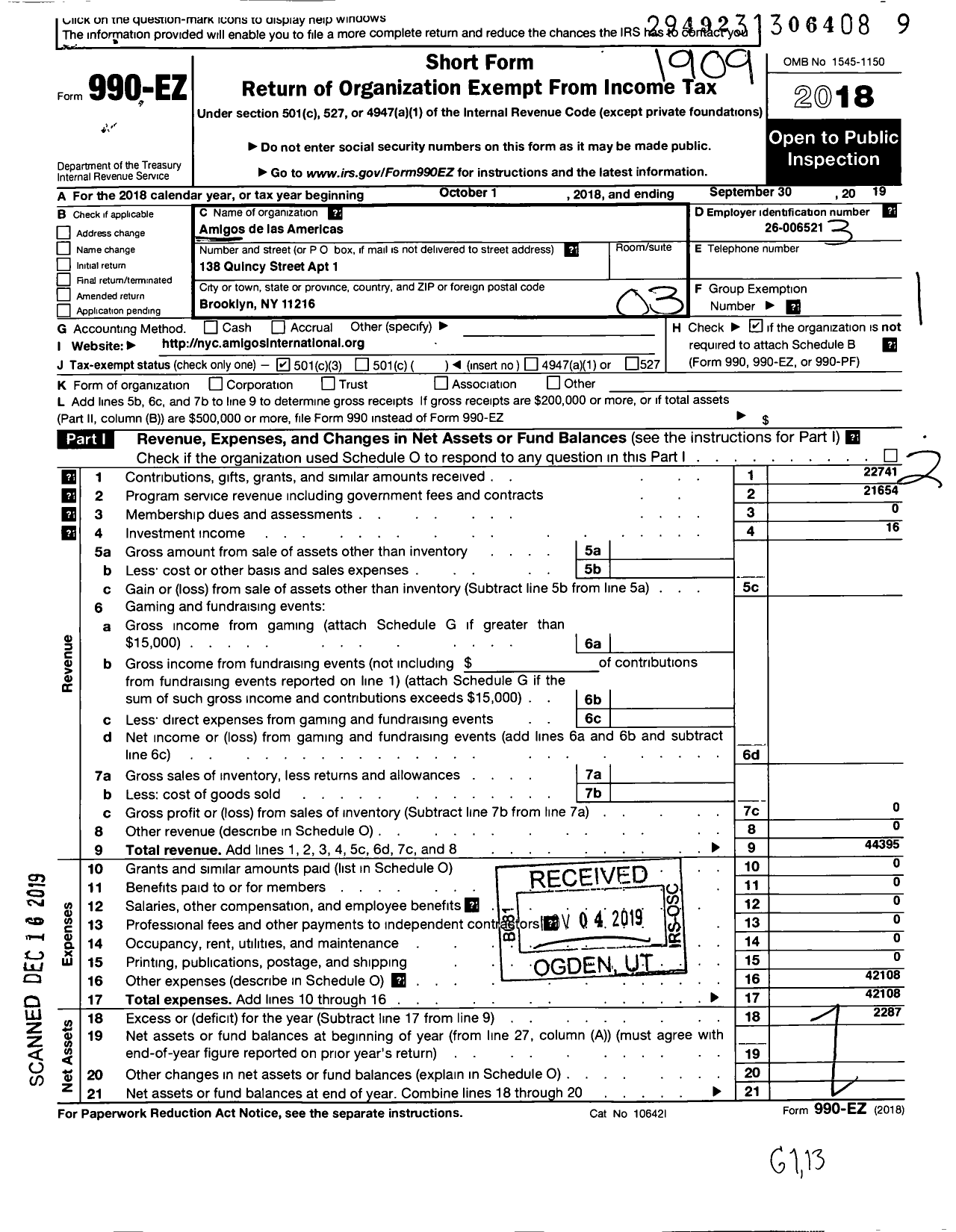 Image of first page of 2018 Form 990EZ for Amigos de Las Americas / Sophie Pauze