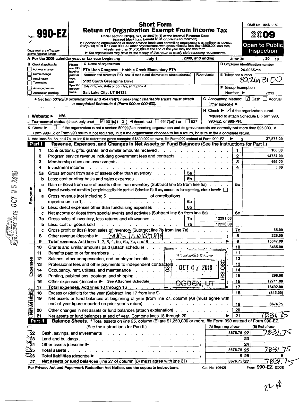 Image of first page of 2009 Form 990EZ for PTA Utah Congress / Hobble Creek Elementary PTA