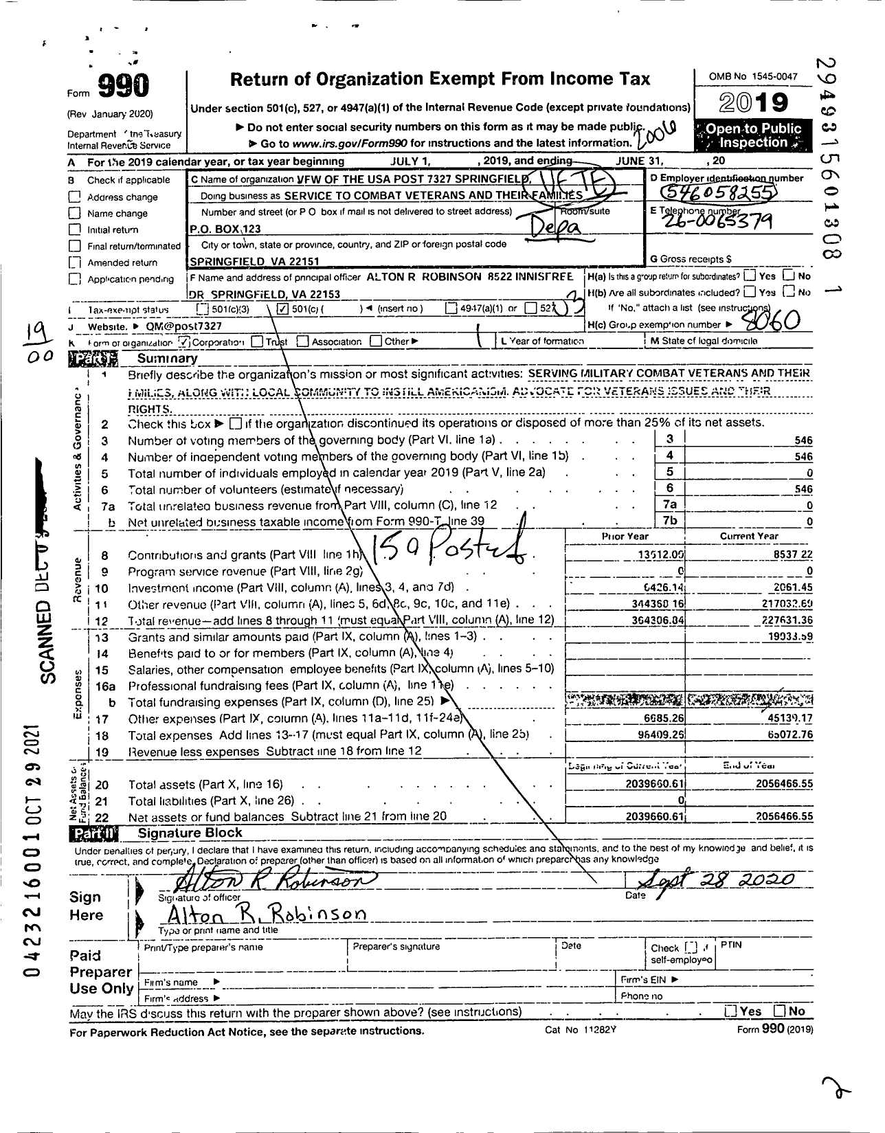 Image of first page of 2019 Form 990O for Department of Foreign Wars of the Us Auxiliary Dept of Virginia - VFW Auxiliary To Springfield 7327