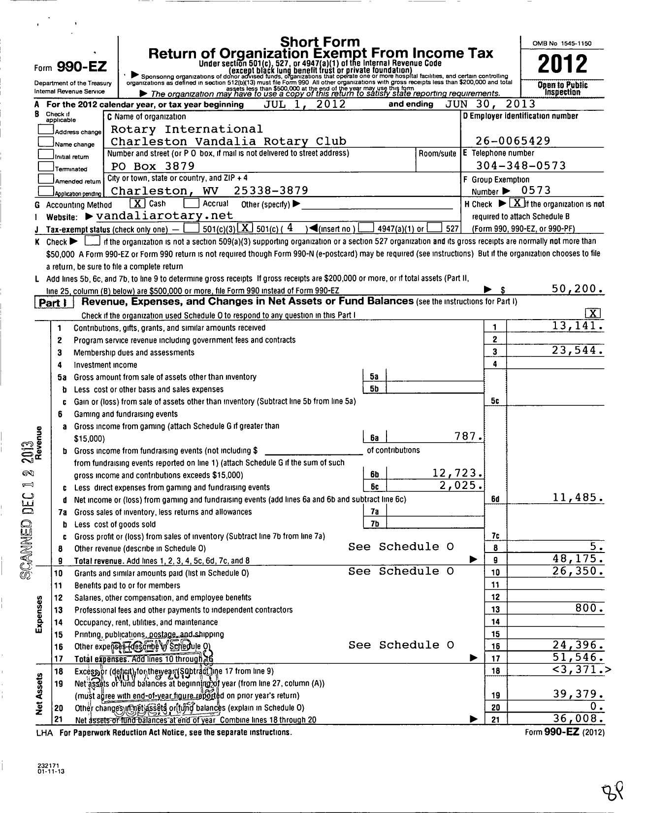 Image of first page of 2012 Form 990EO for Rotary International Charleston Vandalia Rotary Club