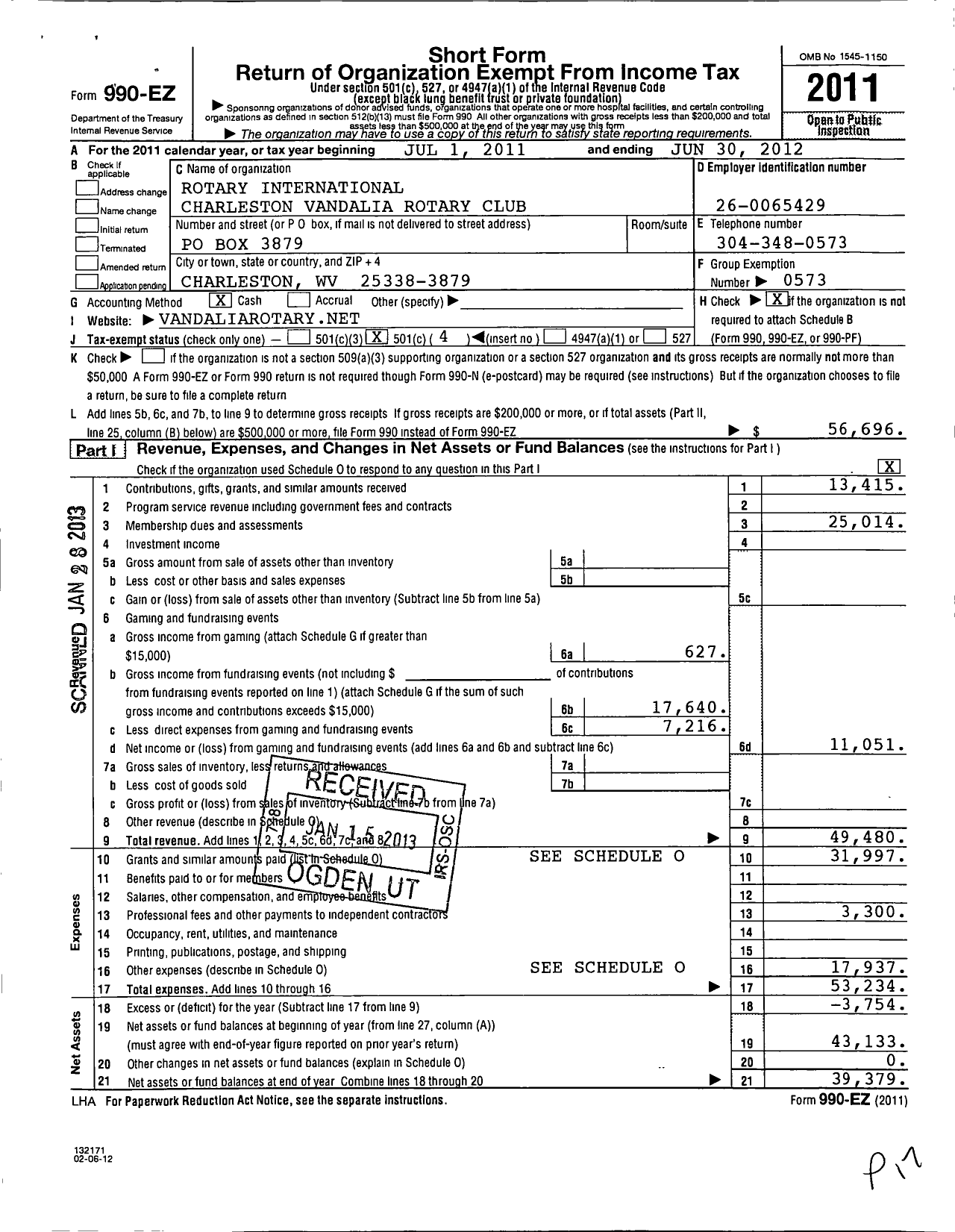 Image of first page of 2011 Form 990EO for Rotary International Charleston Vandalia Rotary Club