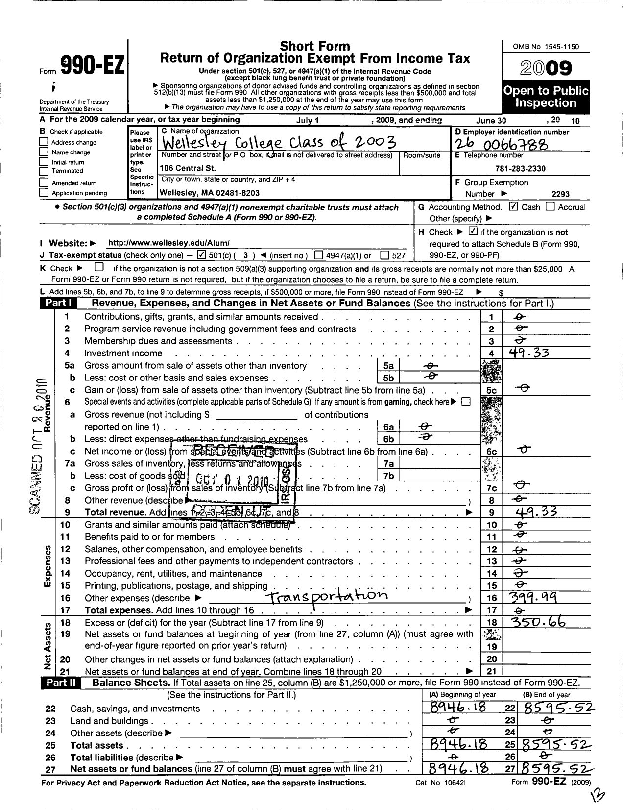 Image of first page of 2009 Form 990EZ for Wellesley College Alumnae Association - 2003 Class