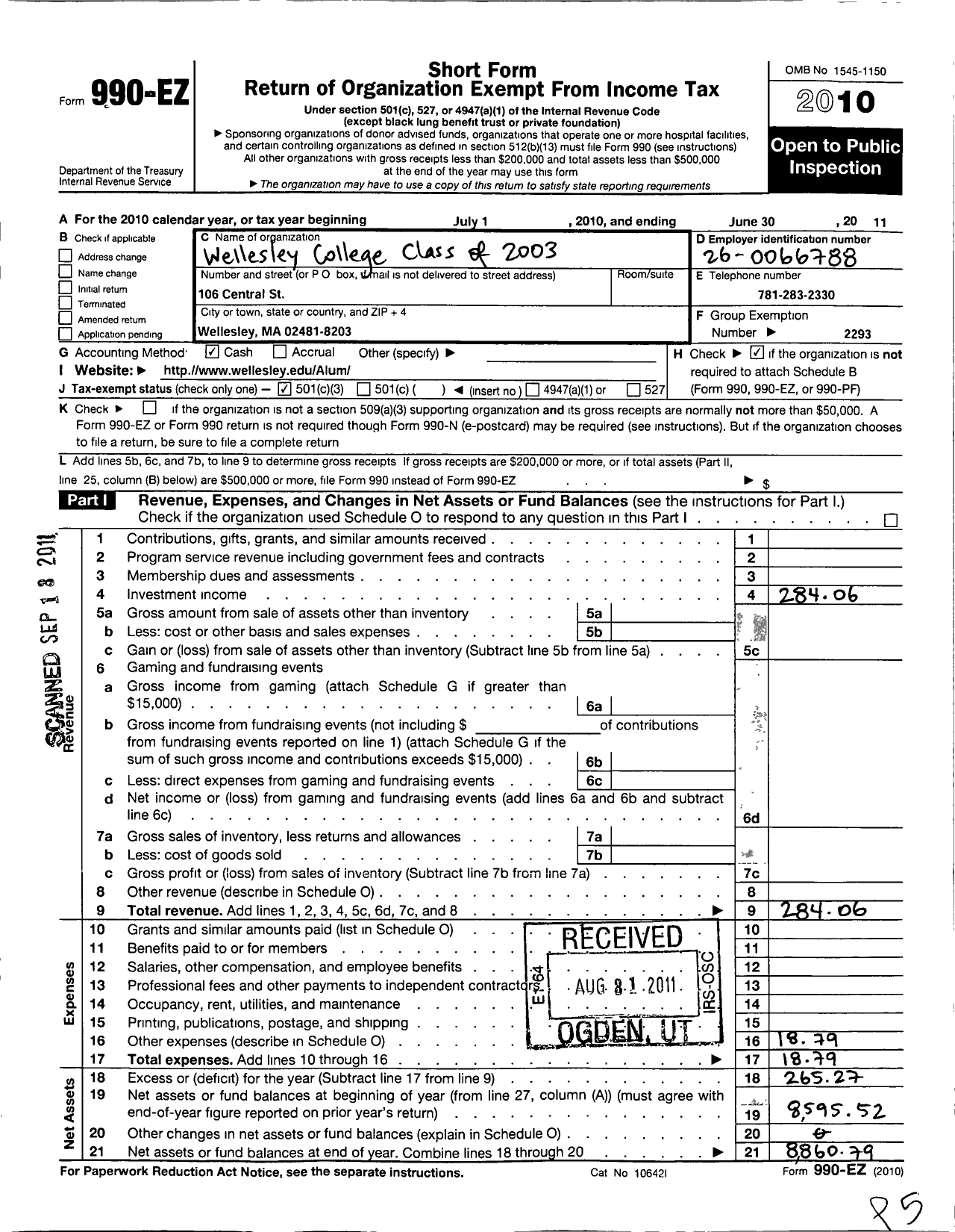 Image of first page of 2010 Form 990EZ for Wellesley College Alumnae Association - 2003 Class