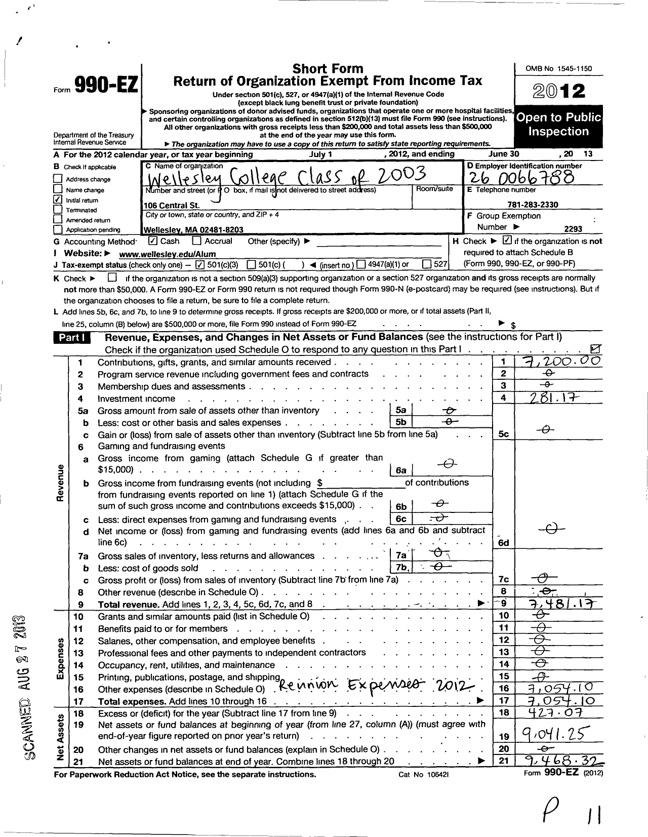 Image of first page of 2012 Form 990EZ for Wellesley College Alumnae Association - 2003 Class