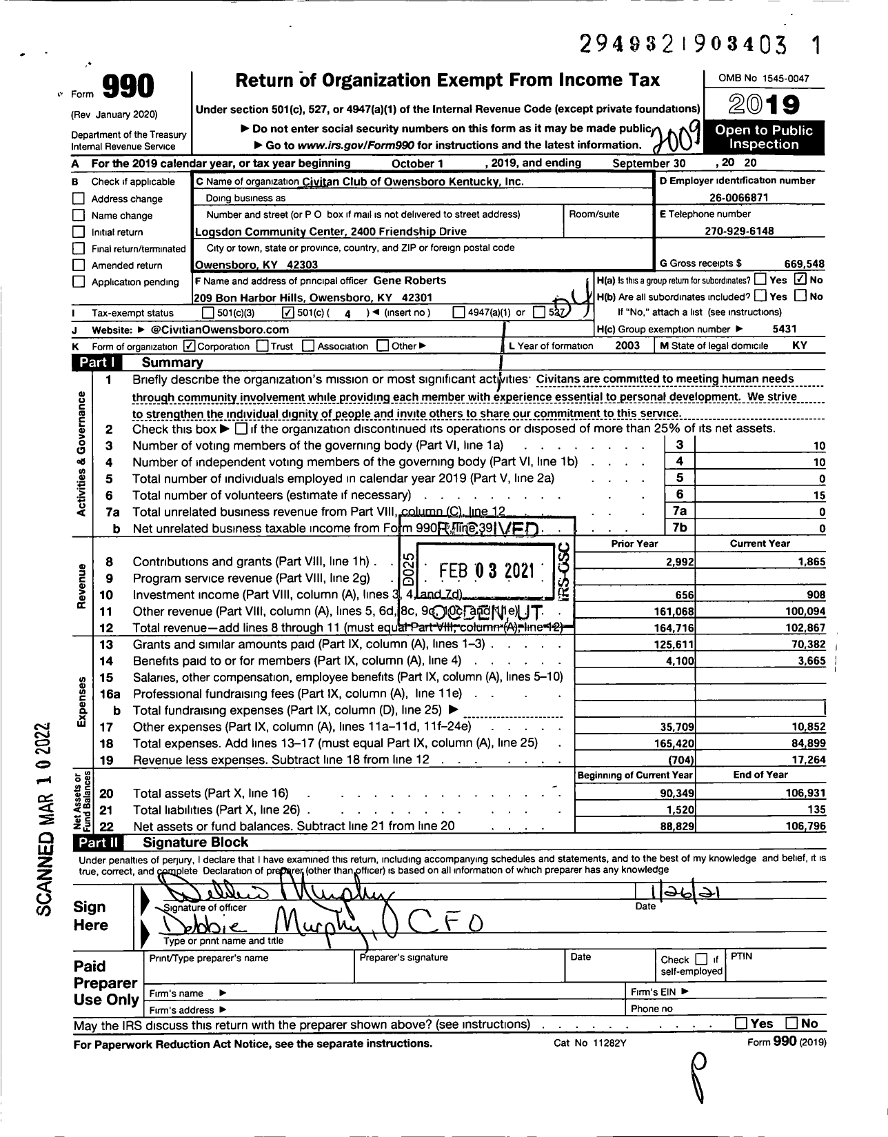 Image of first page of 2019 Form 990O for Civitan Club of Owensboro Kentucky