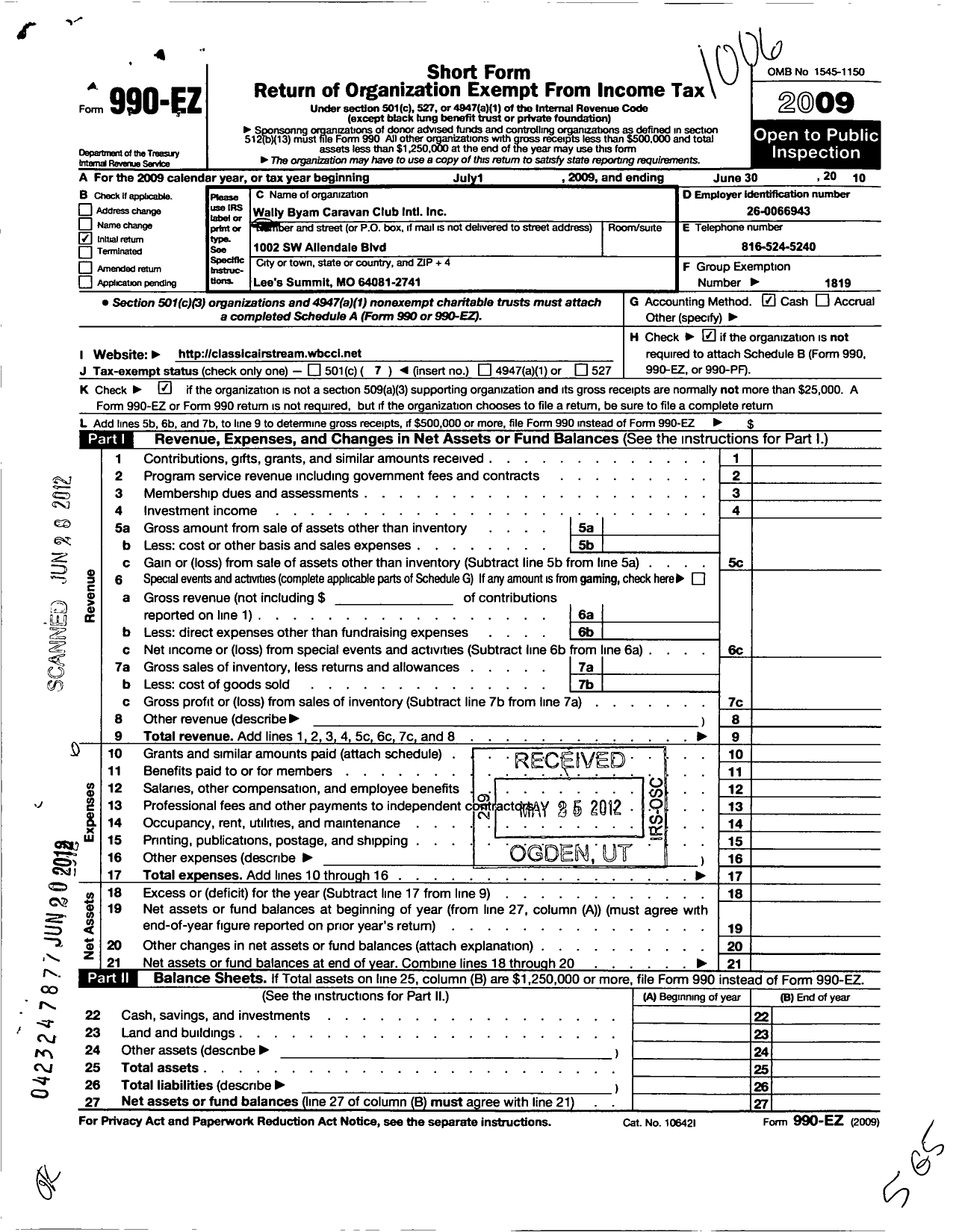 Image of first page of 2009 Form 990EO for Wally Byam Caravan Club International / Classic Airstream Intraclub