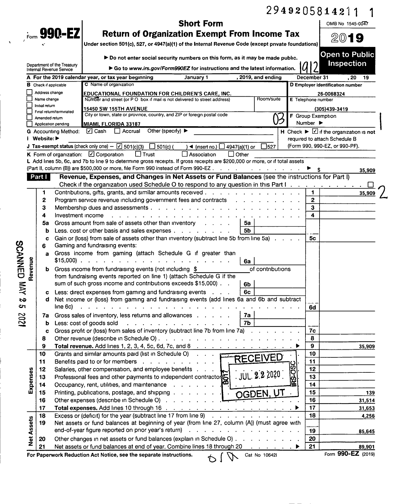 Image of first page of 2019 Form 990EZ for Educational Foundation for Childrens Care