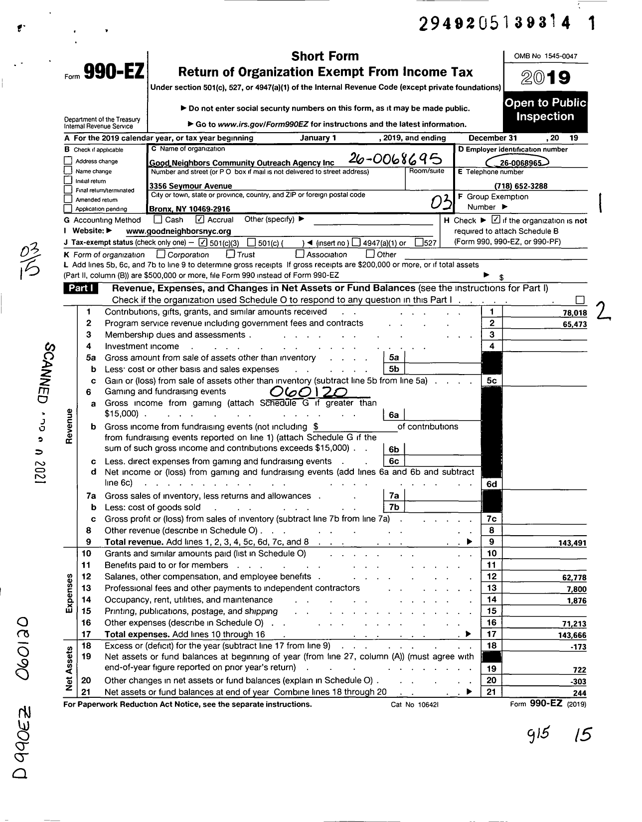 Image of first page of 2019 Form 990EZ for Good Neighbors Community Outreach Agency