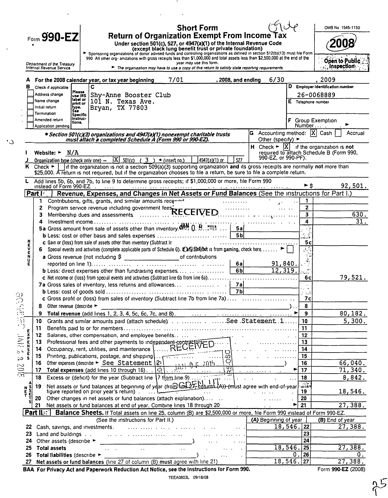 Image of first page of 2008 Form 990EZ for Shy-Anne Booster Club