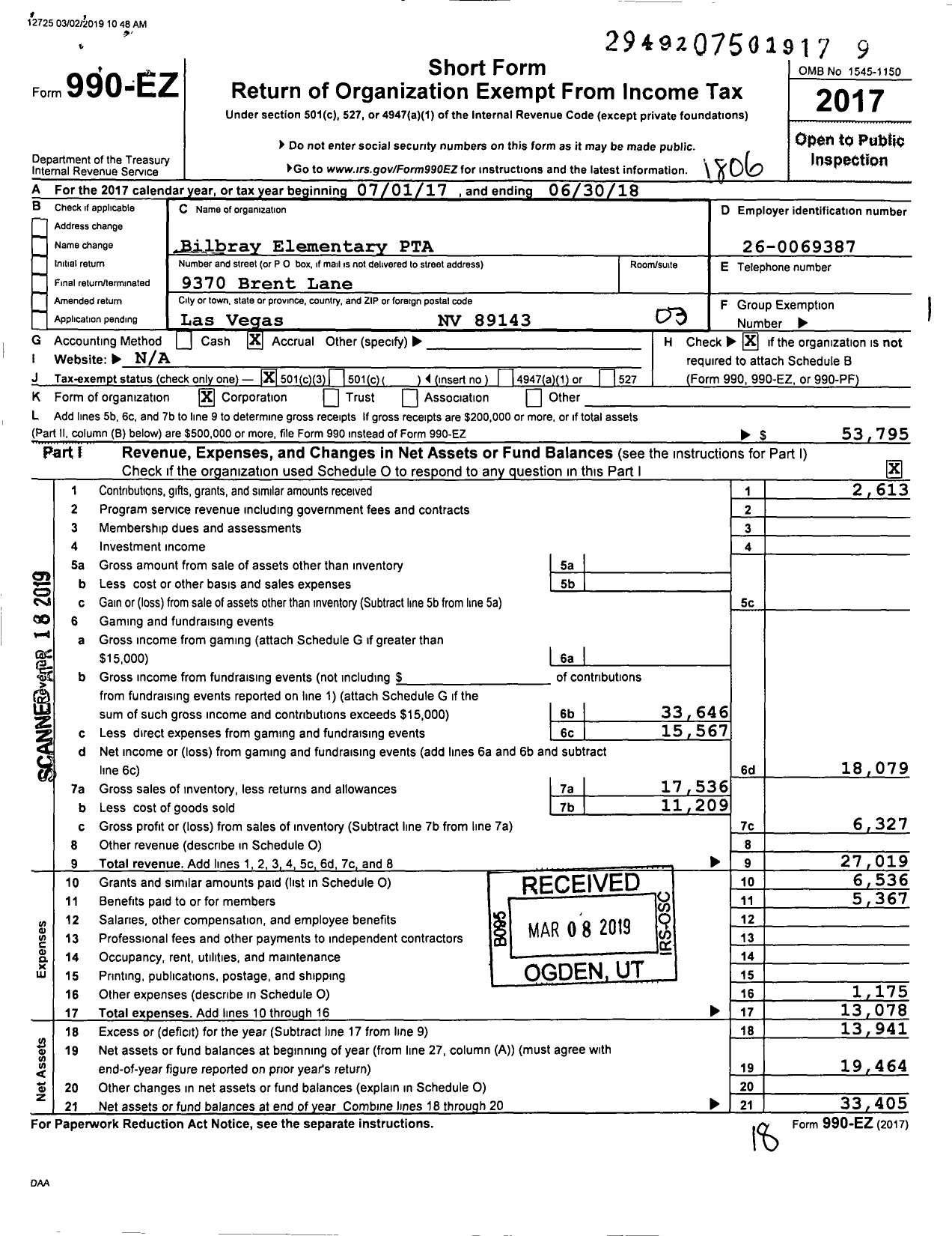 Image of first page of 2017 Form 990EZ for Bilbray Elementary PTA