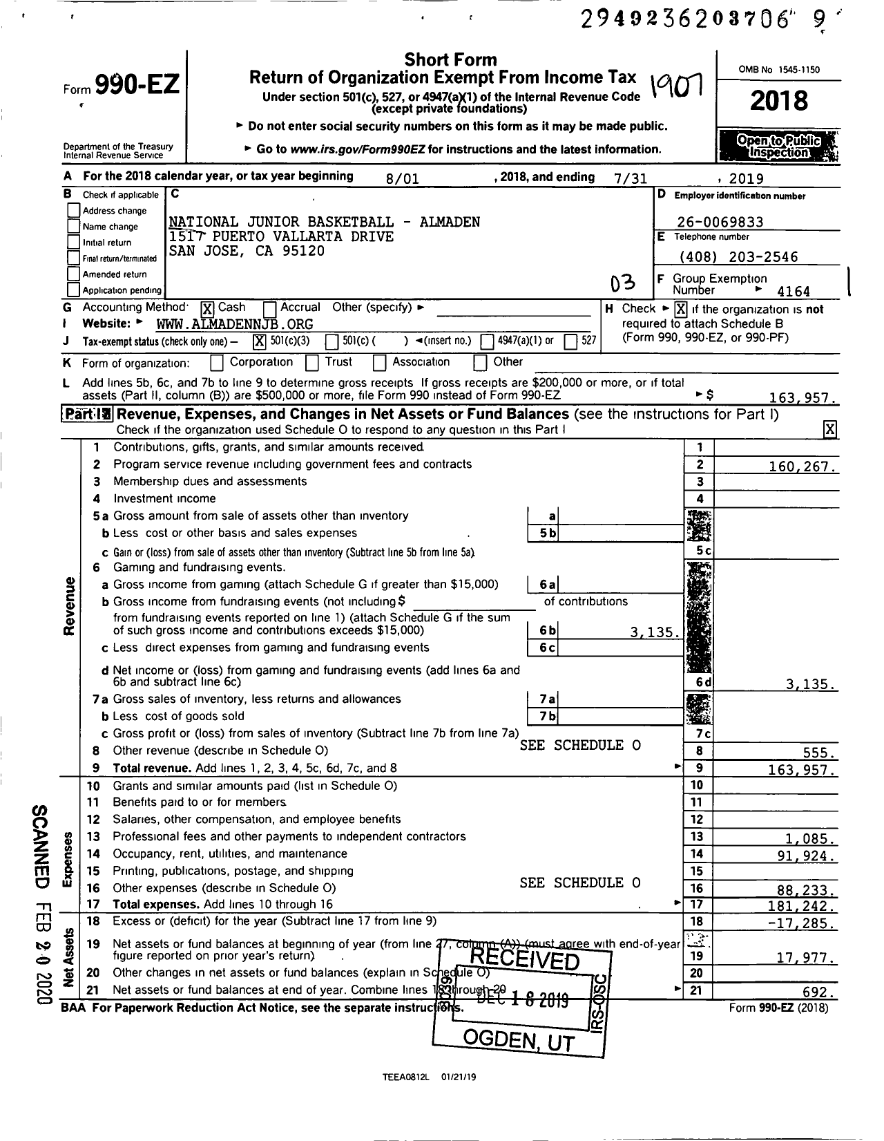 Image of first page of 2018 Form 990EZ for National Junior Basketball - Almaden