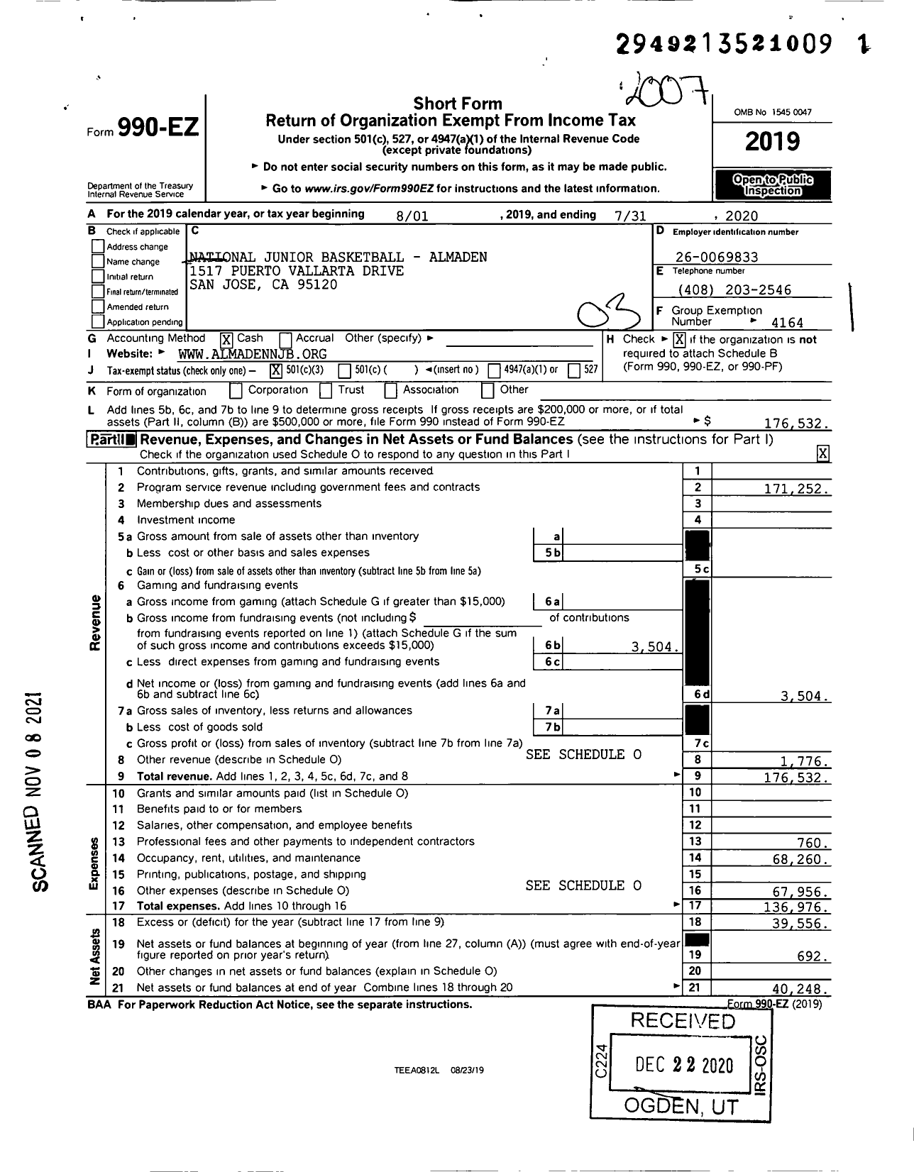 Image of first page of 2019 Form 990EZ for National Junior Basketball - Almaden