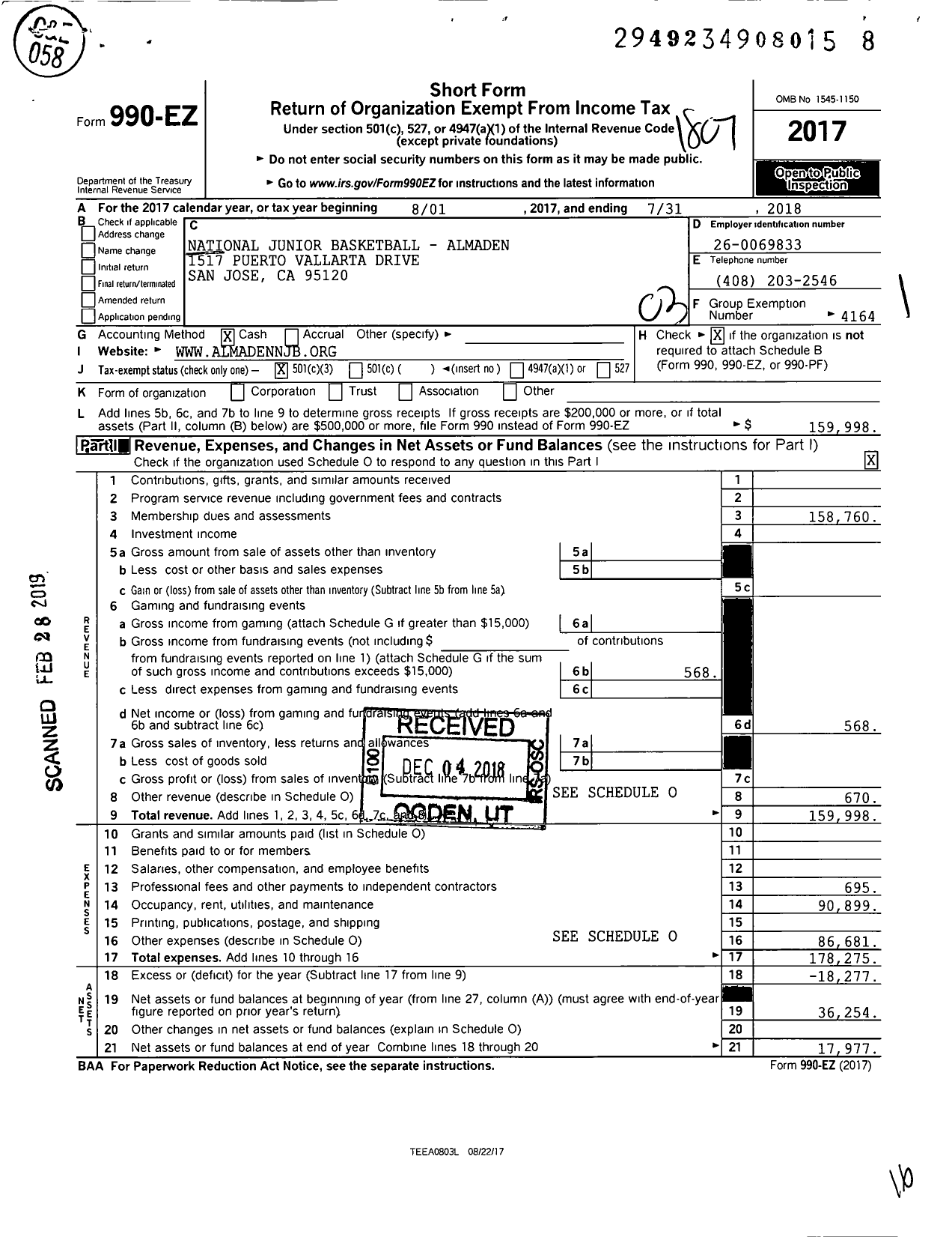 Image of first page of 2017 Form 990EZ for National Junior Basketball - Almaden