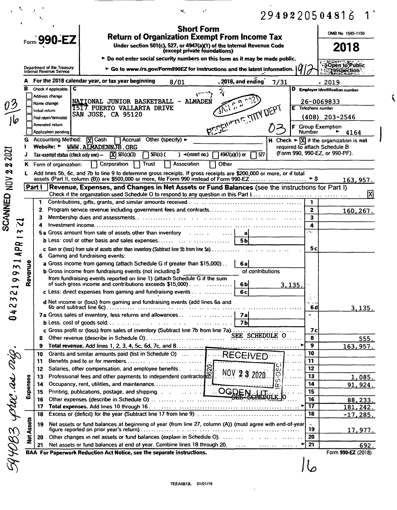 Image of first page of 2019 Form 990EZ for National Junior Basketball - Almaden