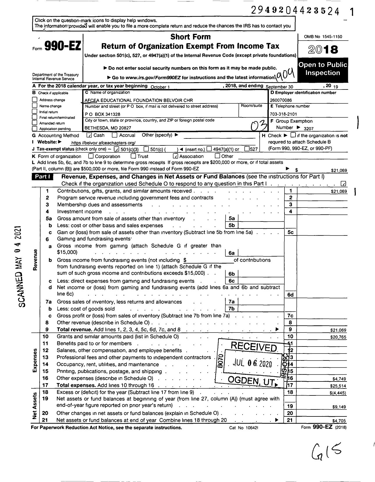 Image of first page of 2018 Form 990EZ for Afcea Educational Foundation / Belvoir Chapter