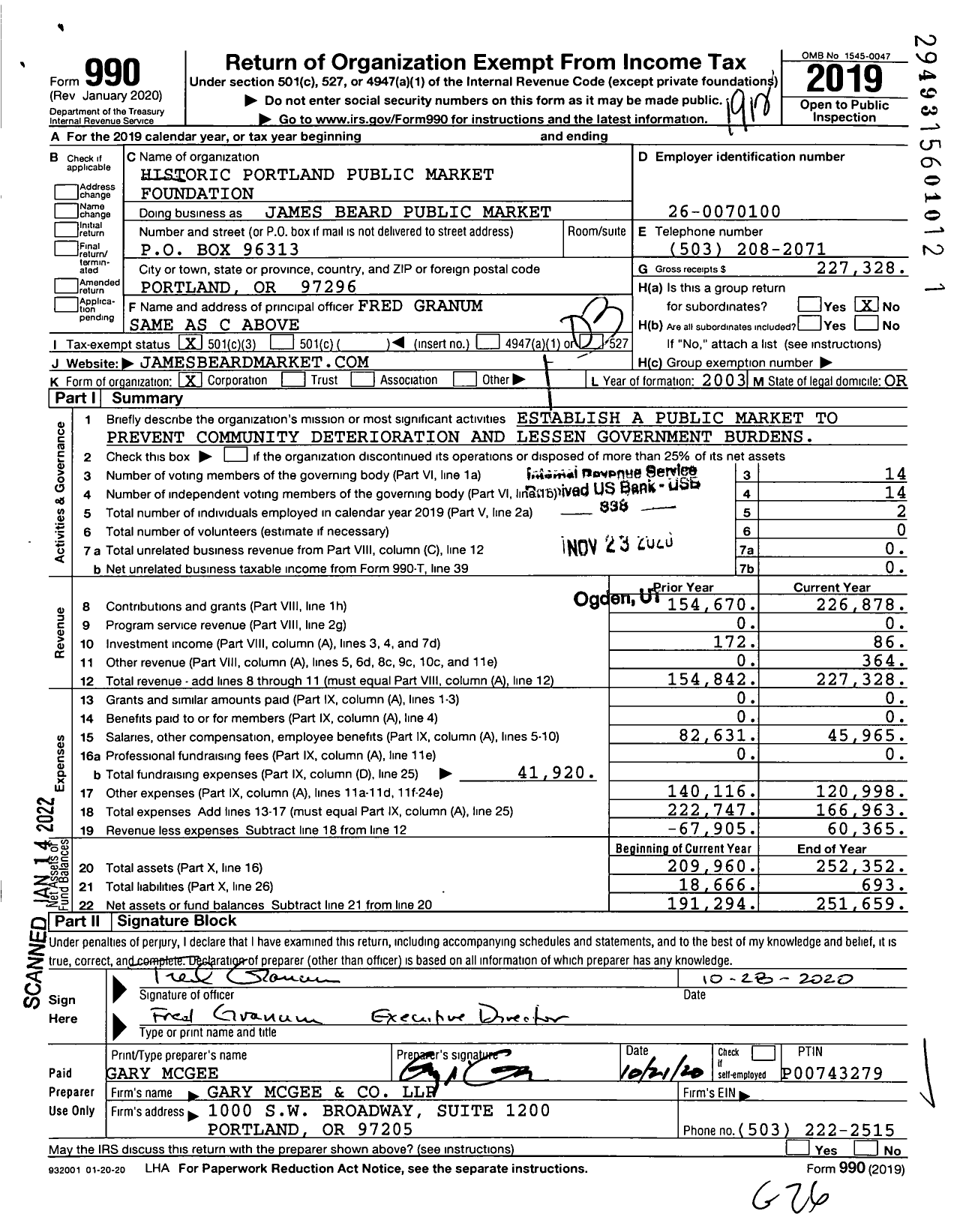 Image of first page of 2019 Form 990 for Historic Portland Public Market Foundation