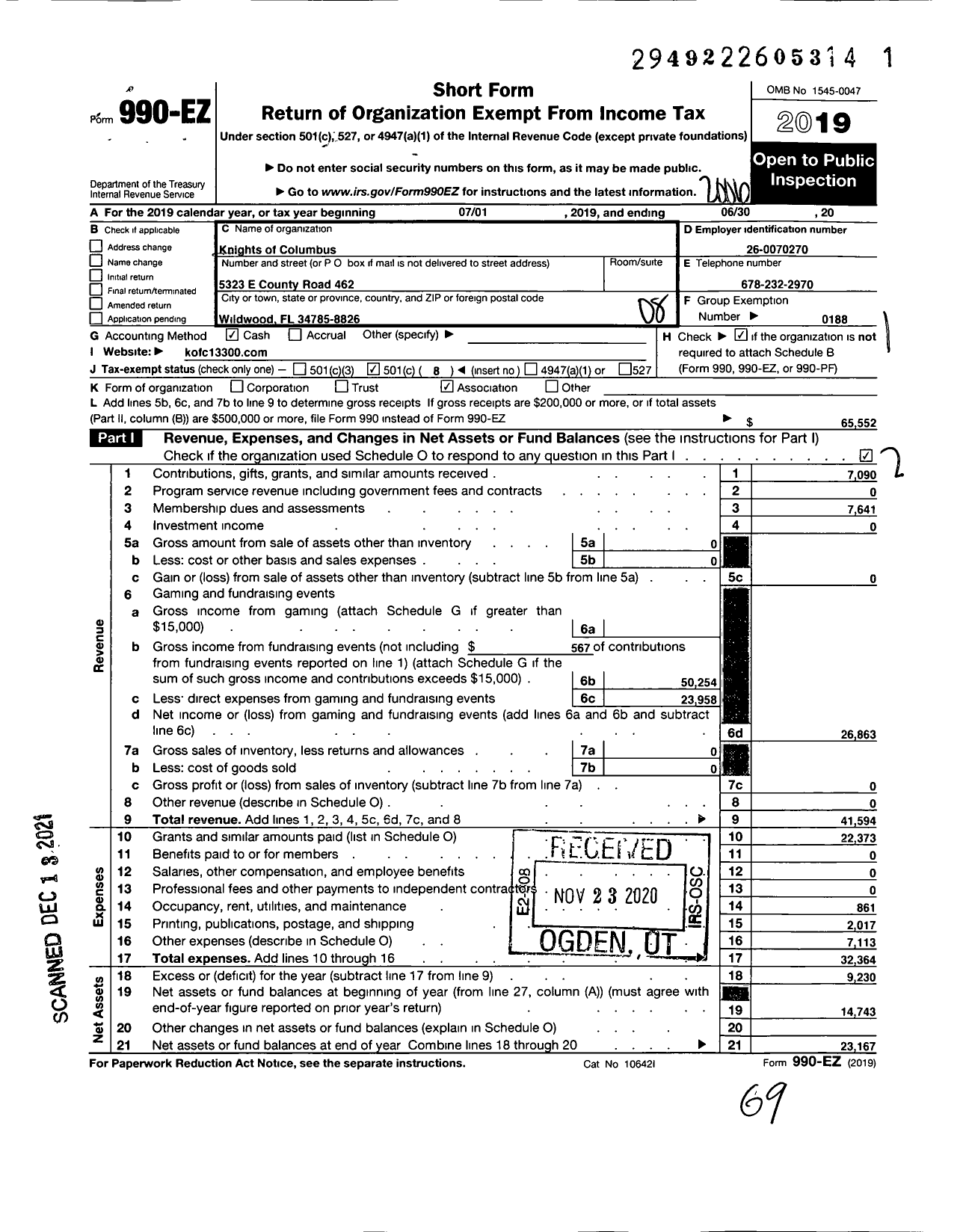 Image of first page of 2019 Form 990EO for Knights of Columbus - 13300 Our Lady of MT Carmel Council