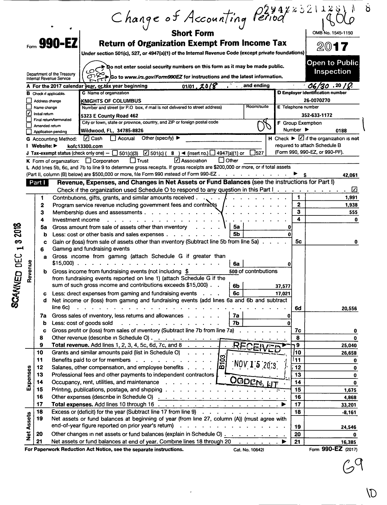 Image of first page of 2017 Form 990EO for Knights of Columbus - 13300 Our Lady of MT Carmel Council