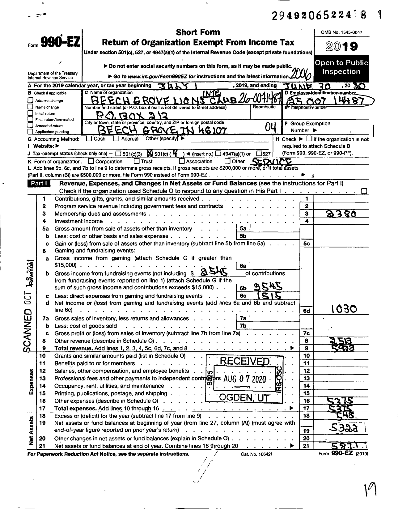 Image of first page of 2019 Form 990EO for Lions Clubs - 9715 Beech Grove