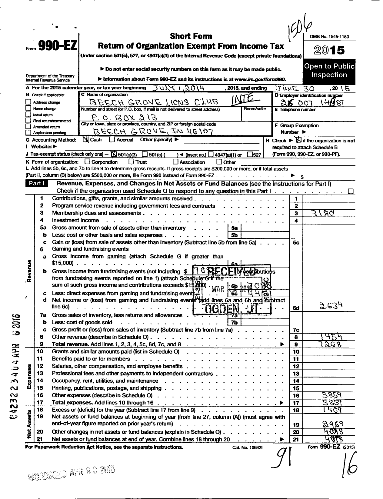 Image of first page of 2014 Form 990EZ for Lions Clubs - 9715 Beech Grove