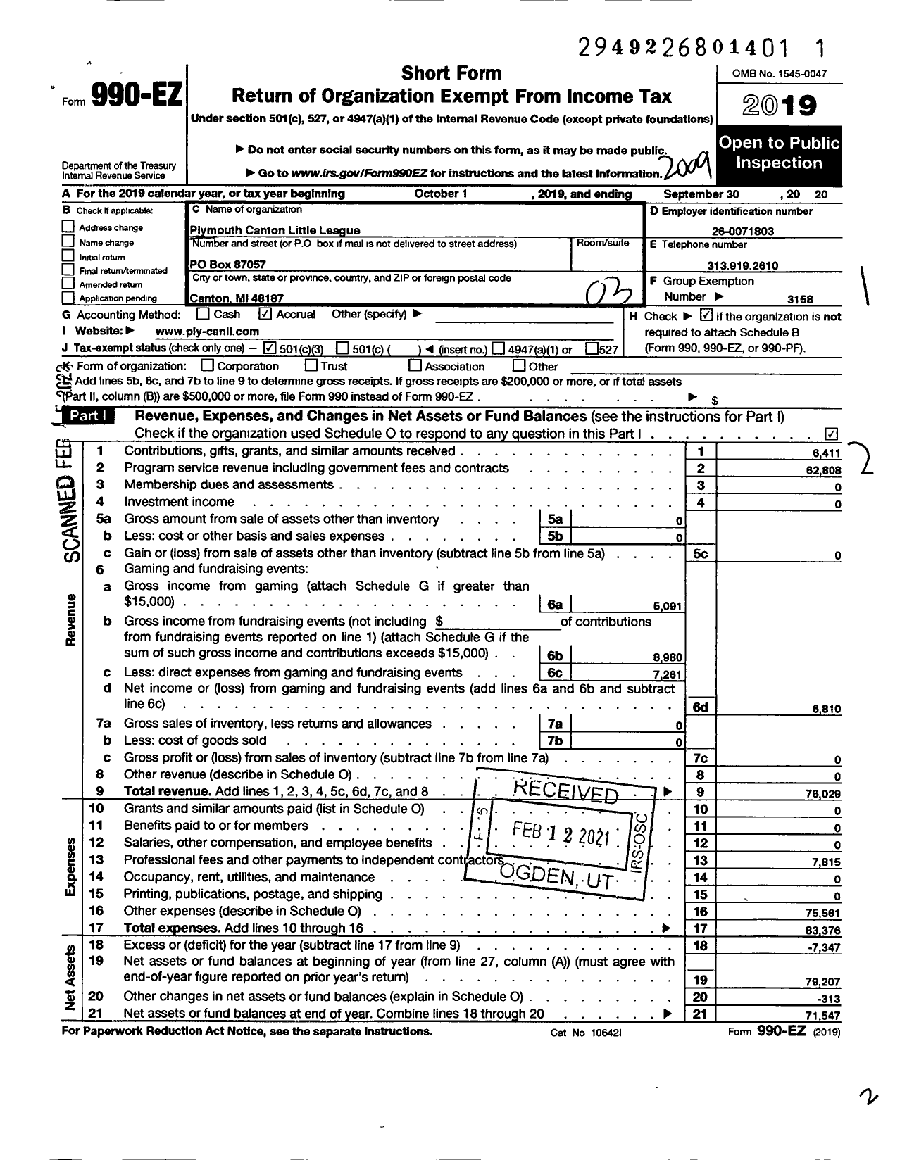 Image of first page of 2019 Form 990EZ for Little League Baseball - PCLL