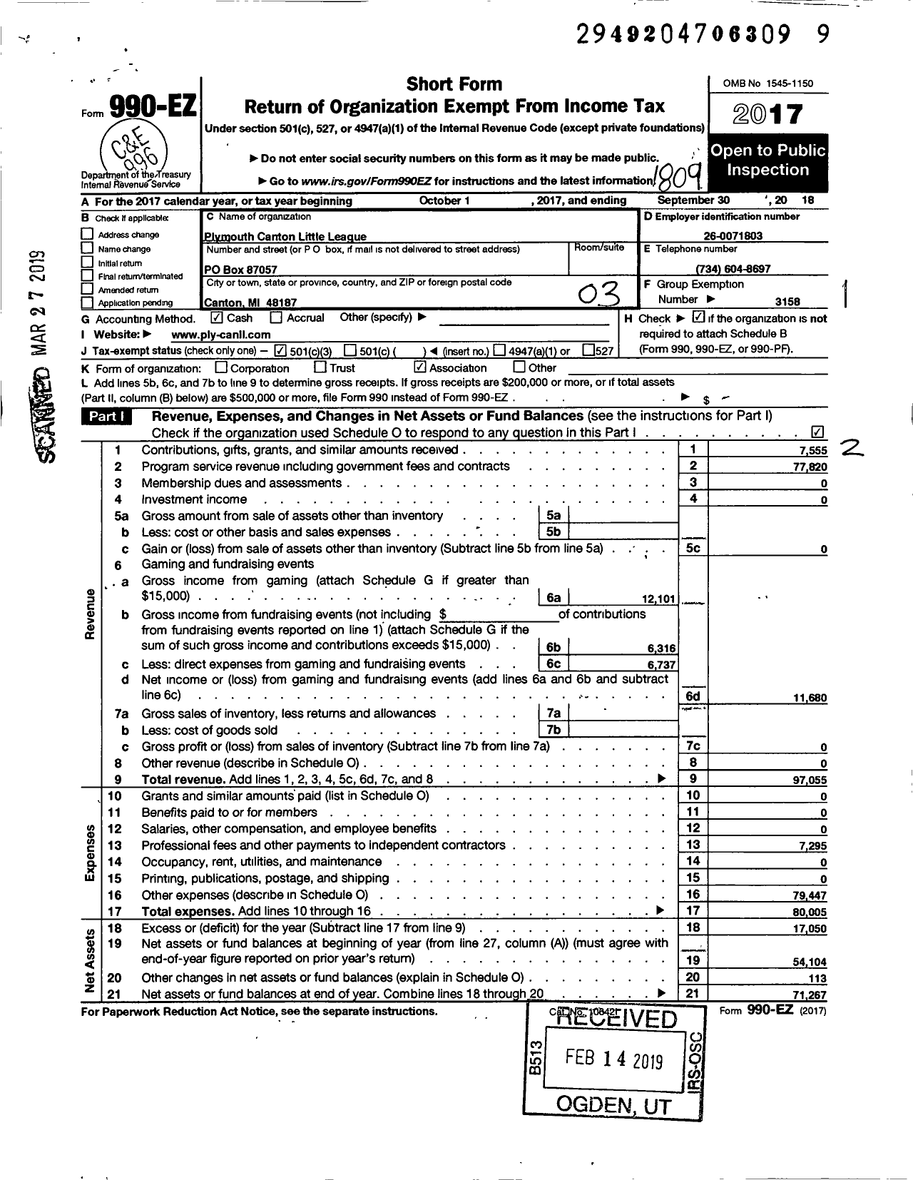 Image of first page of 2017 Form 990EZ for Little League Baseball - PCLL