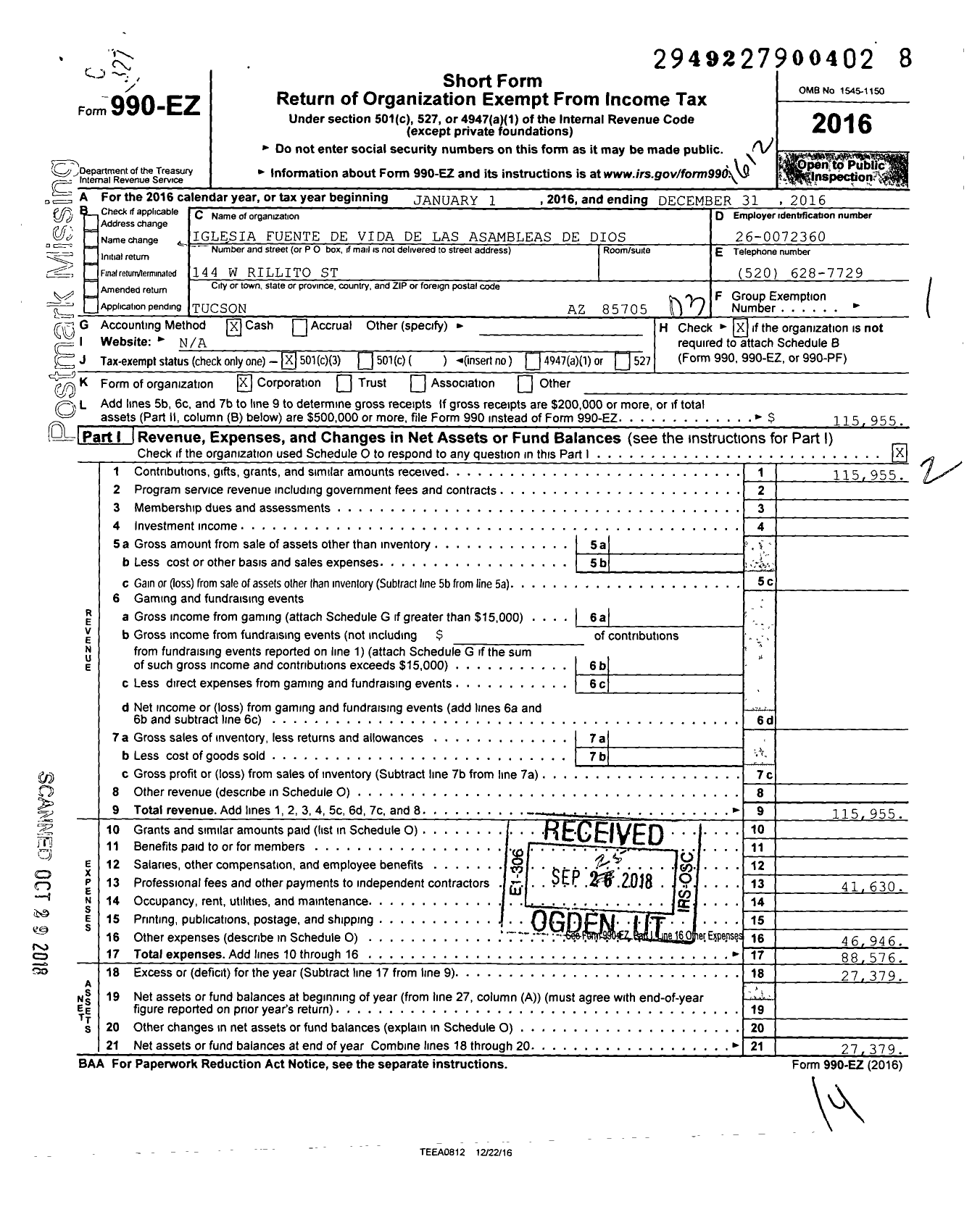 Image of first page of 2016 Form 990EZ for Iglesia Fuente de Vida de Las Asambleas de Dios