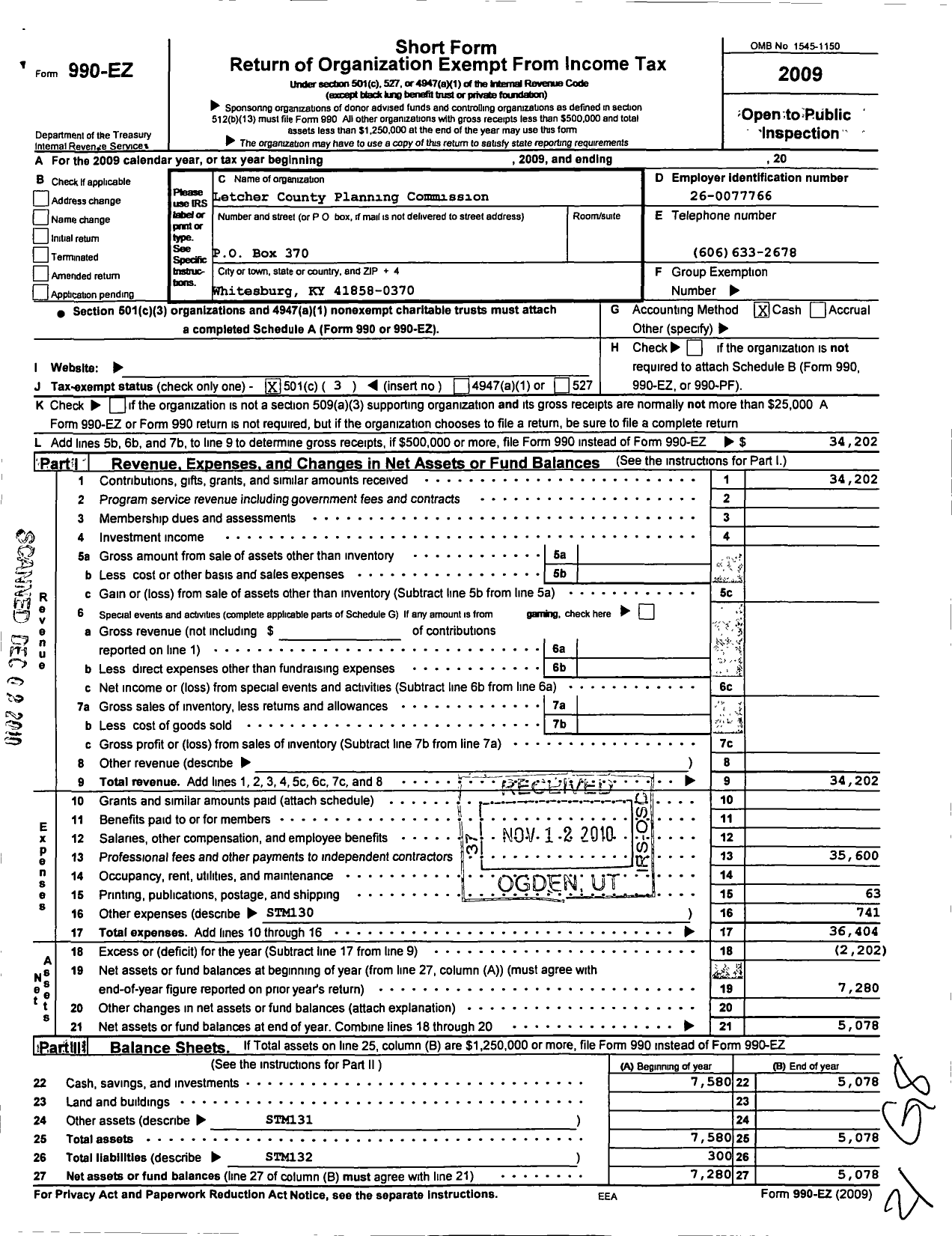 Image of first page of 2009 Form 990EZ for Letcher County Planning Commission