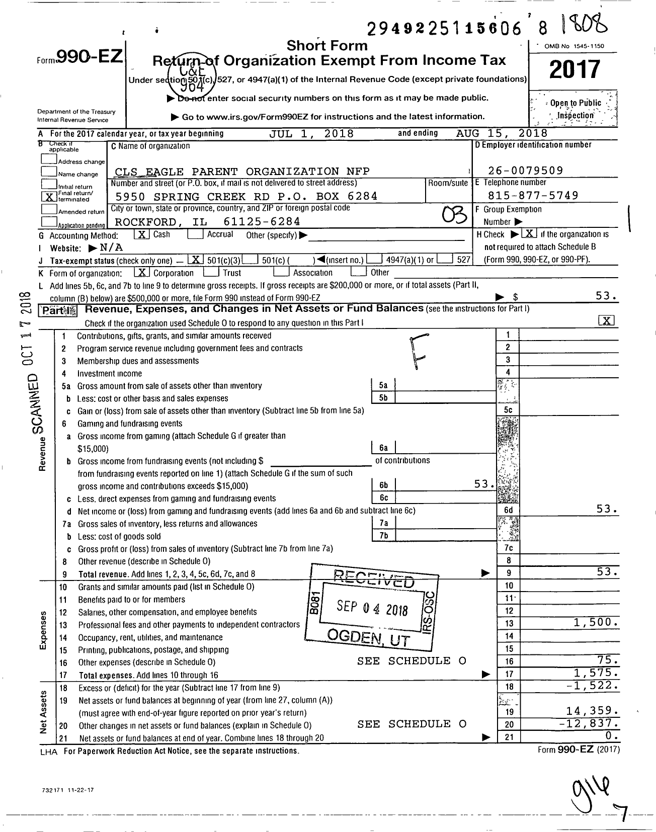 Image of first page of 2017 Form 990EZ for CLS Eagle Parent Organization NFP