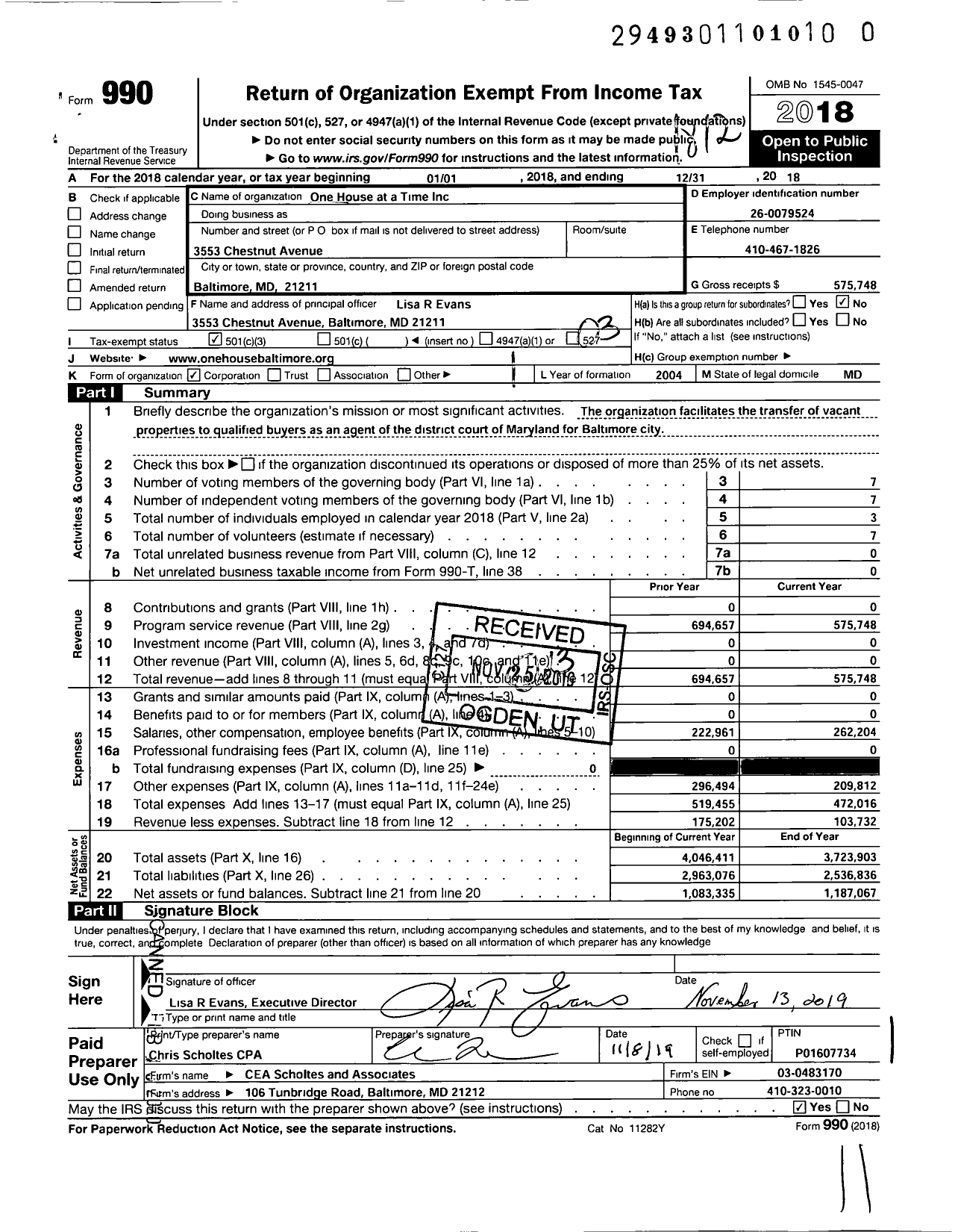 Image of first page of 2018 Form 990 for One House at a Time