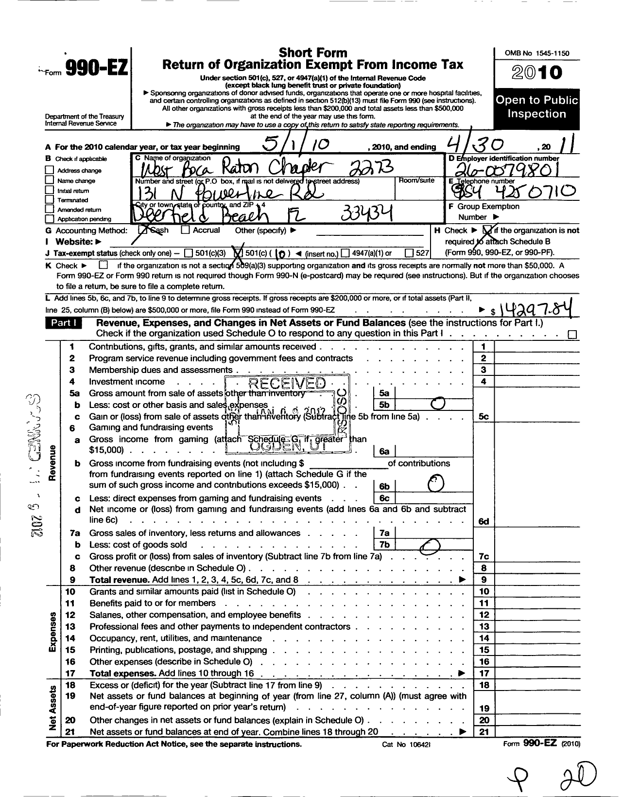 Image of first page of 2010 Form 990EO for Loyal Order of Moose - 2273