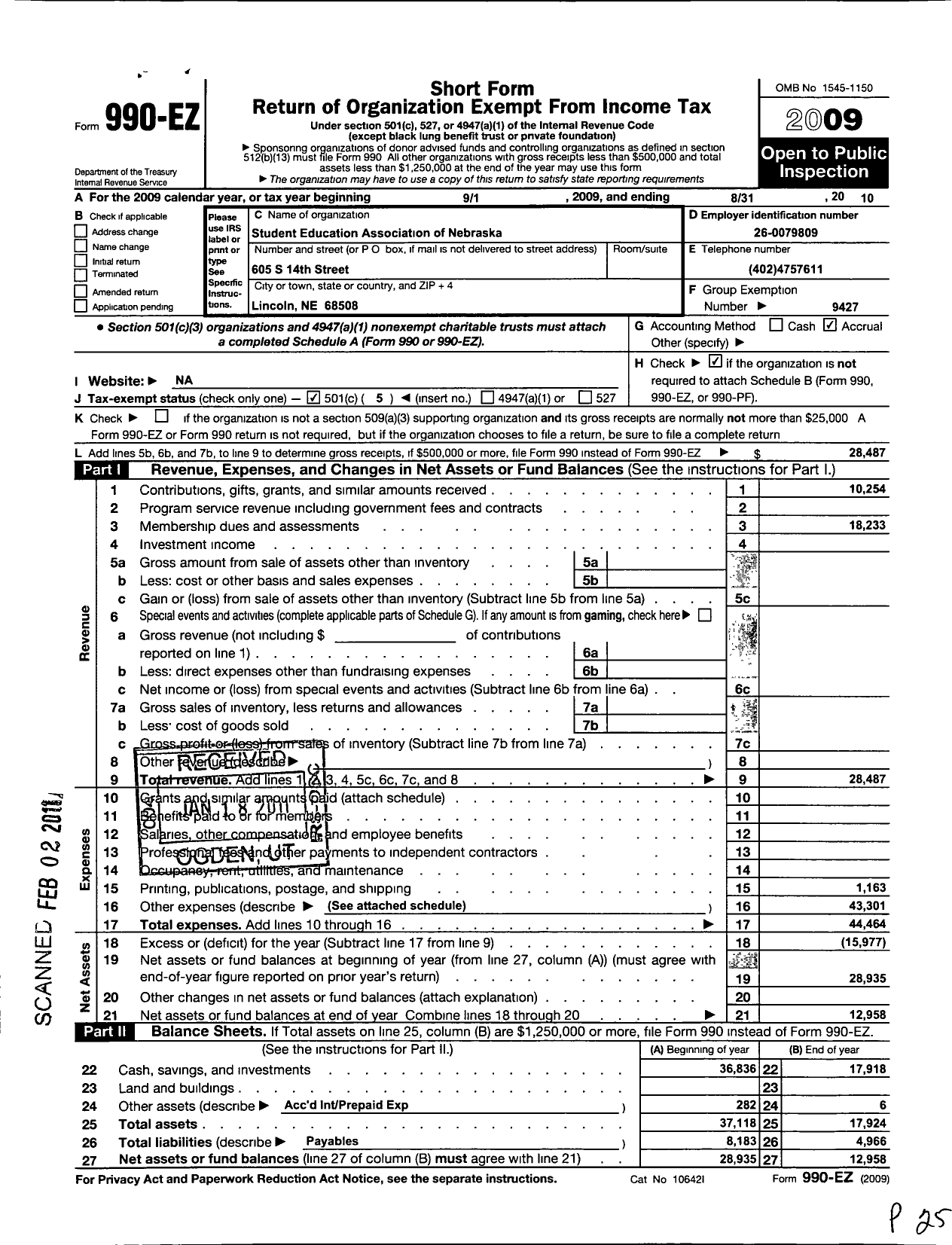 Image of first page of 2009 Form 990EO for Nebraska State Education Association / Student Education Assn of Nebaraska