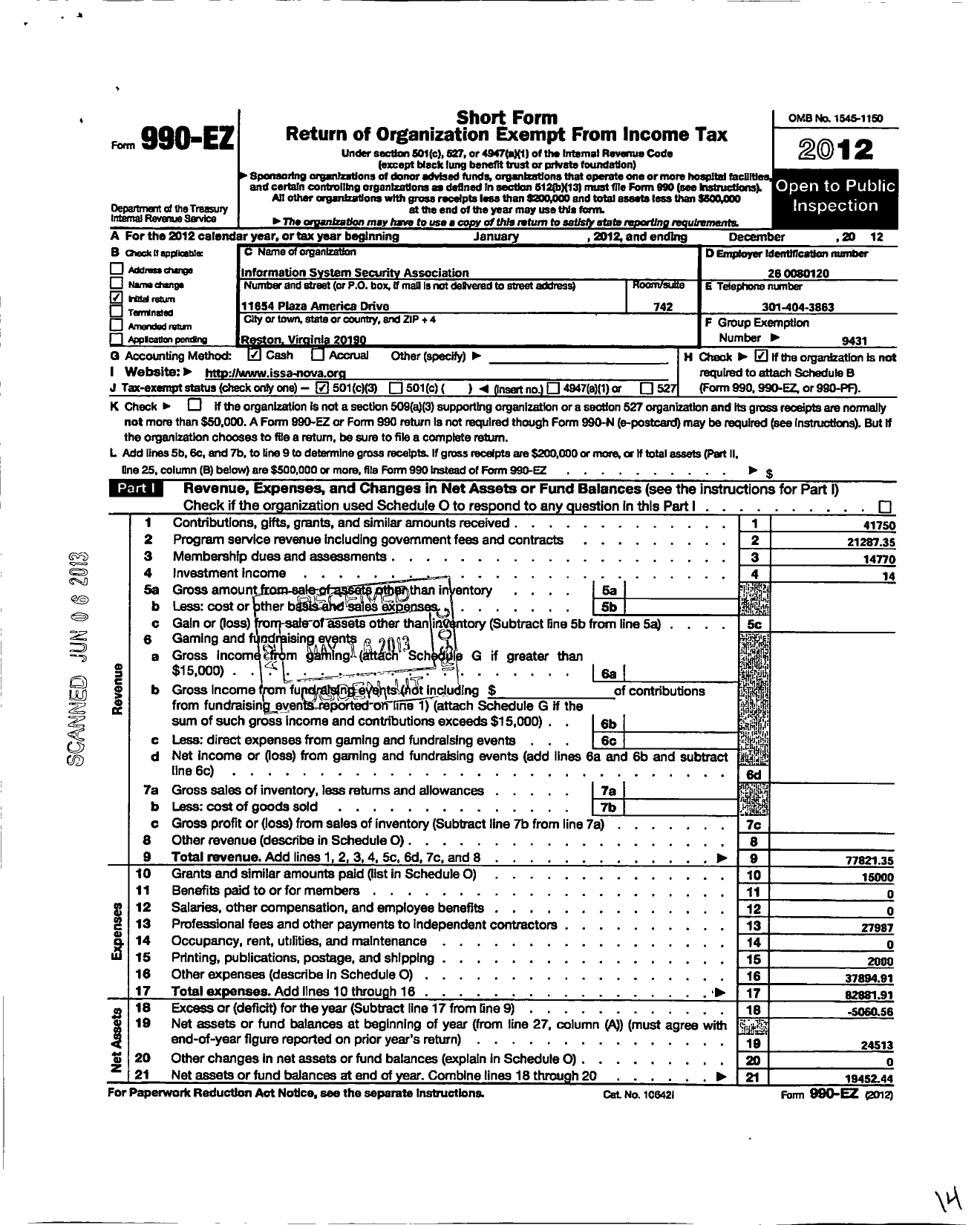 Image of first page of 2012 Form 990EZ for Information Systems Security Association / Northern Virginia Chapter