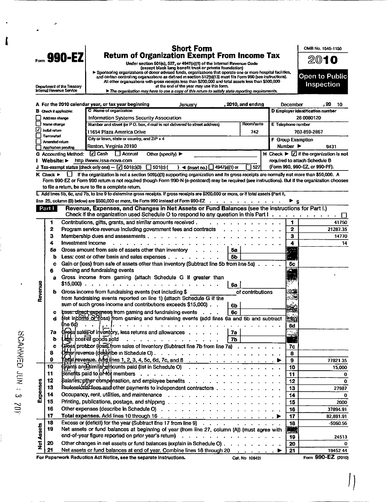 Image of first page of 2010 Form 990EZ for Information Systems Security Association / Northern Virginia Chapter