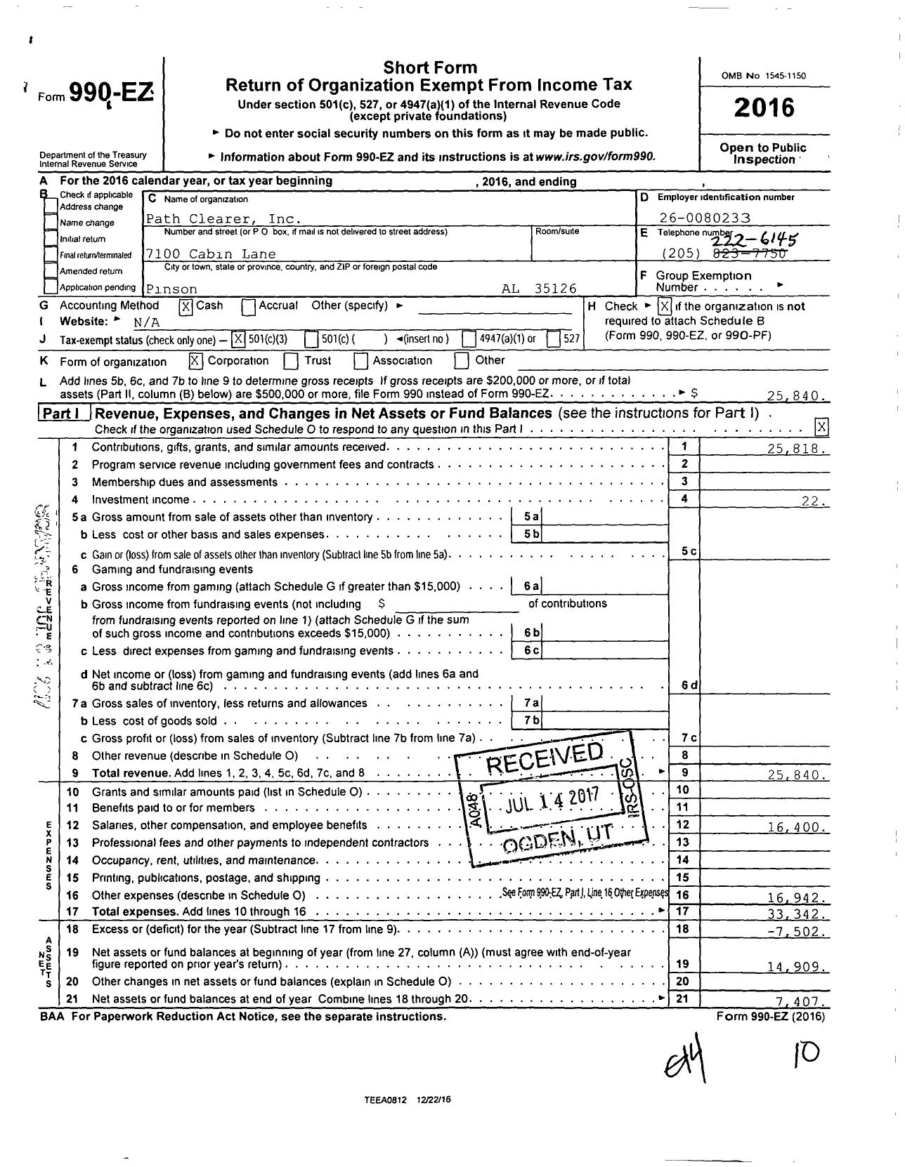 Image of first page of 2016 Form 990EZ for Path Clearer