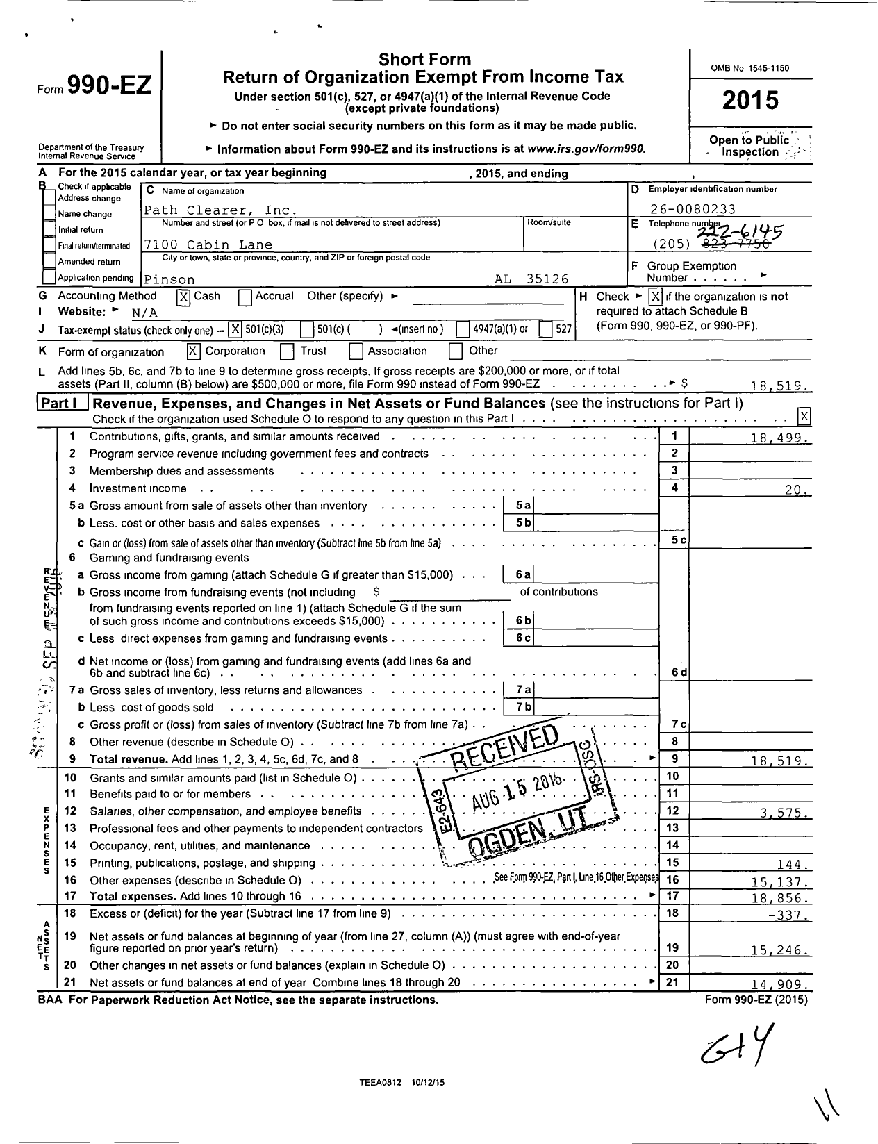 Image of first page of 2015 Form 990EZ for Path Clearer