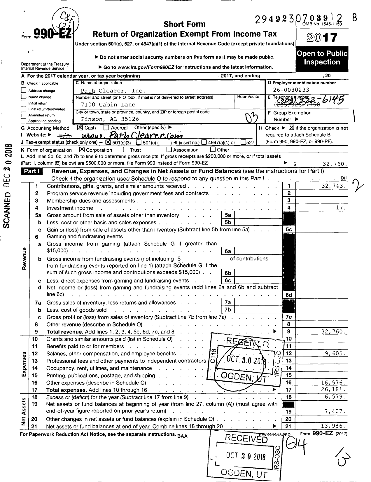 Image of first page of 2017 Form 990EZ for Path Clearer