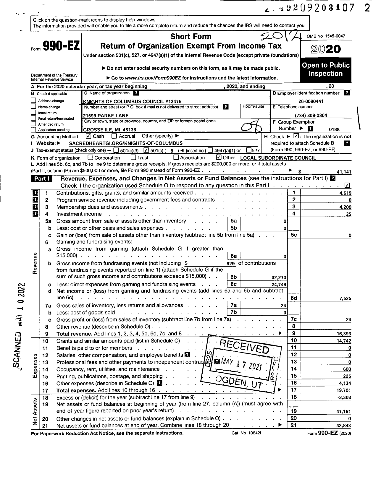 Image of first page of 2020 Form 990EO for Knights of Columbus - 13475 Sacred Heart Council