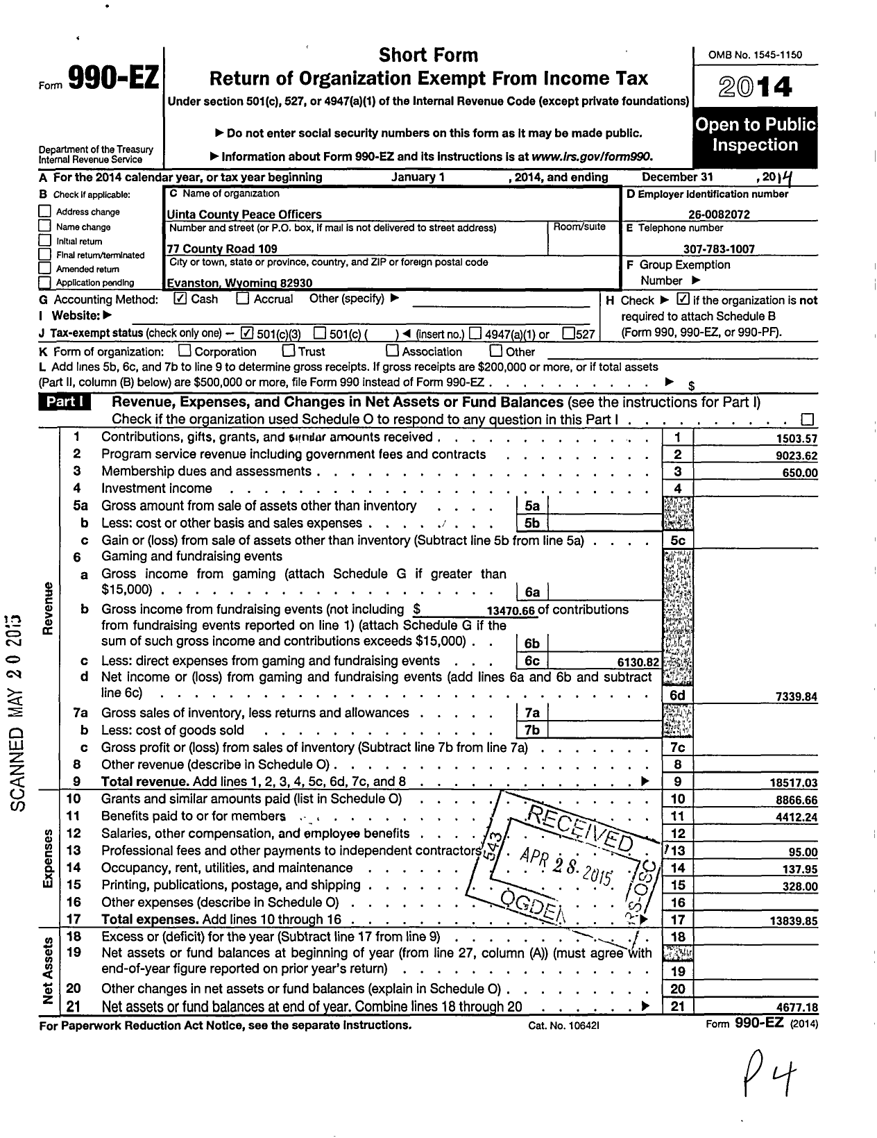 Image of first page of 2014 Form 990EZ for Uinta County Peace Officers