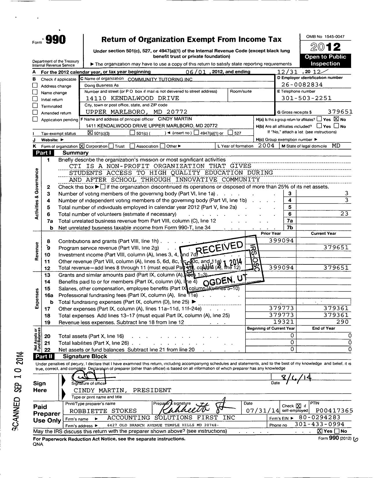 Image of first page of 2012 Form 990 for Community Tutoring