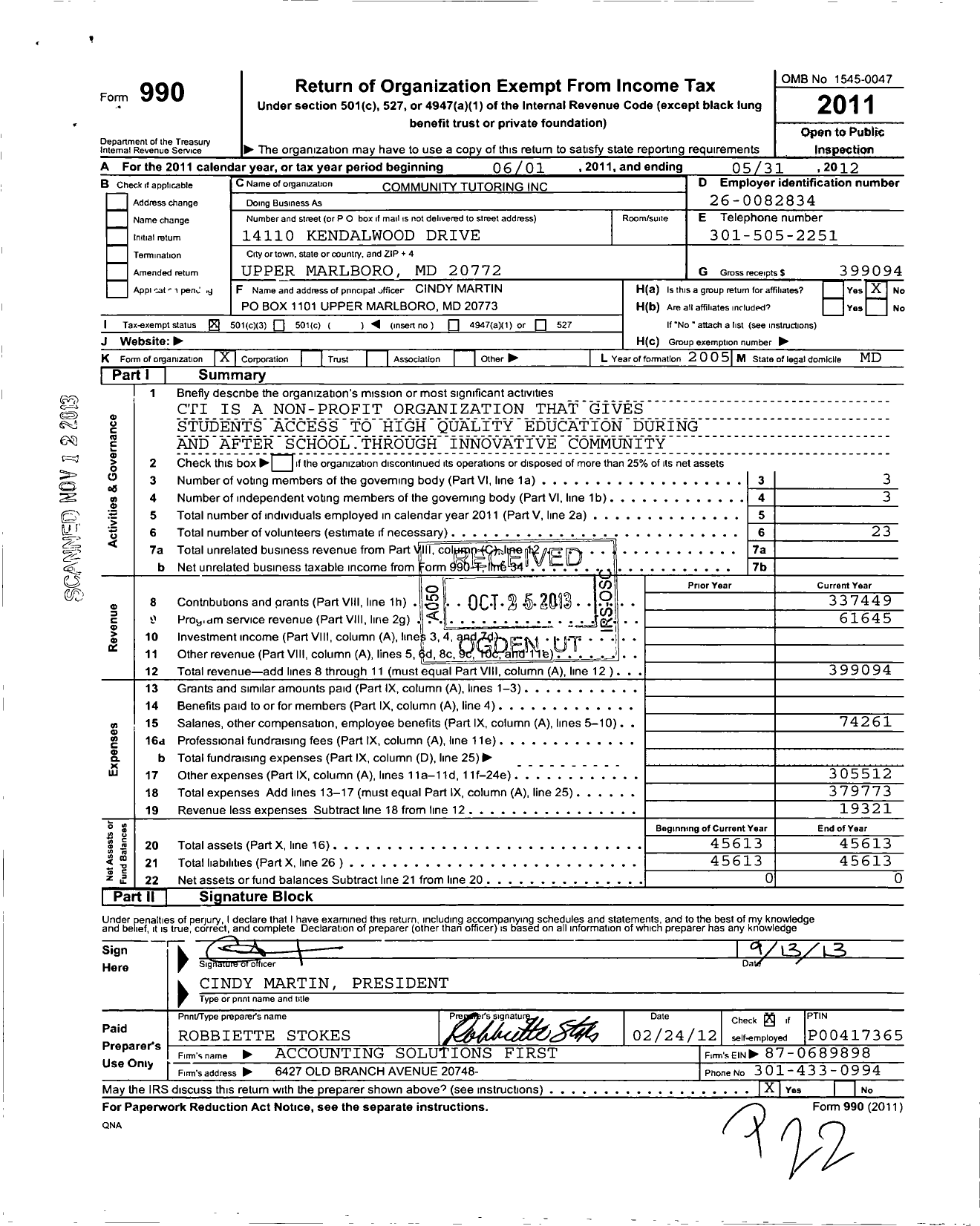 Image of first page of 2011 Form 990 for Community Tutoring