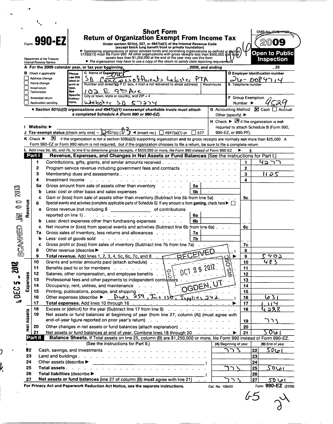 Image of first page of 2009 Form 990EZ for Webster PTA