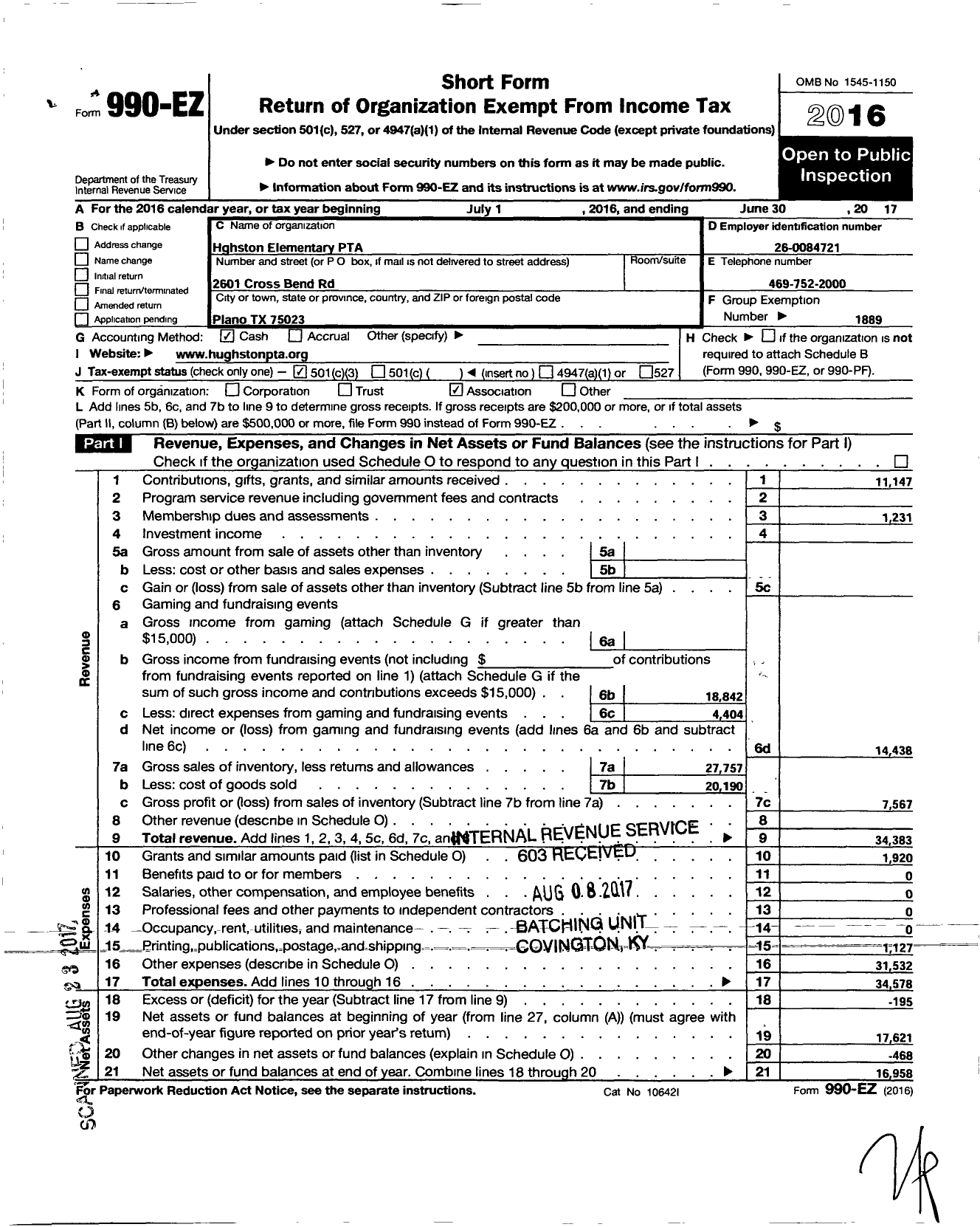 Image of first page of 2016 Form 990EZ for Texas PTA - Hughston Elementary PTA